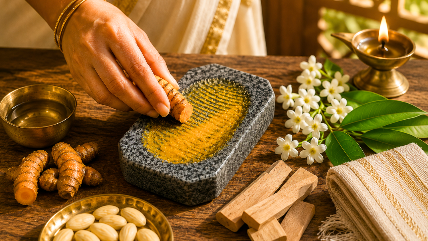 A traditional Indian granite rubbing stone (Manjal Kal) on a teak wooden surface with raw turmeric, sandalwood stick, and almonds arranged beside it in natural morning light