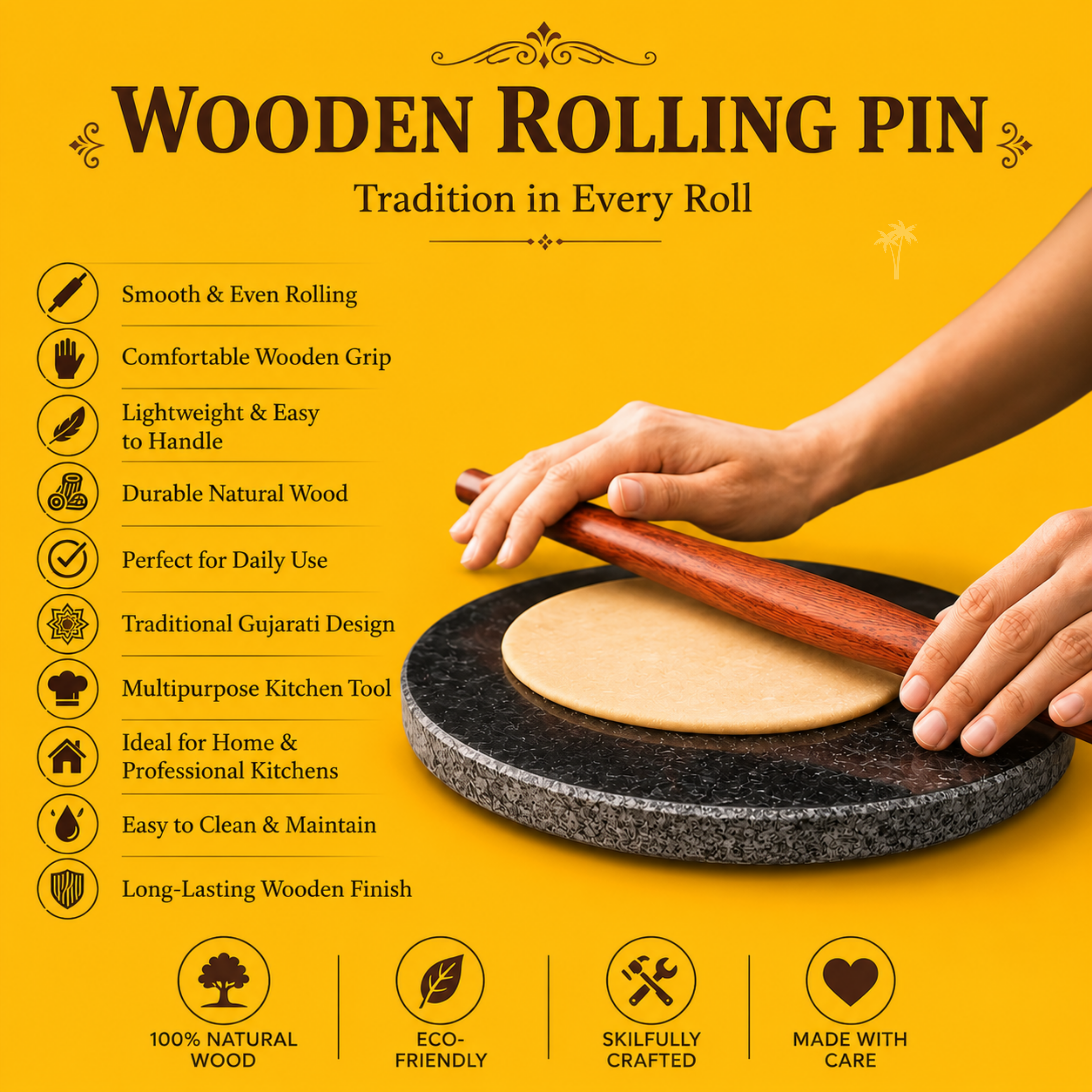 Traditional Wooden Rolling Pin – Gujarati Belan for Rotis