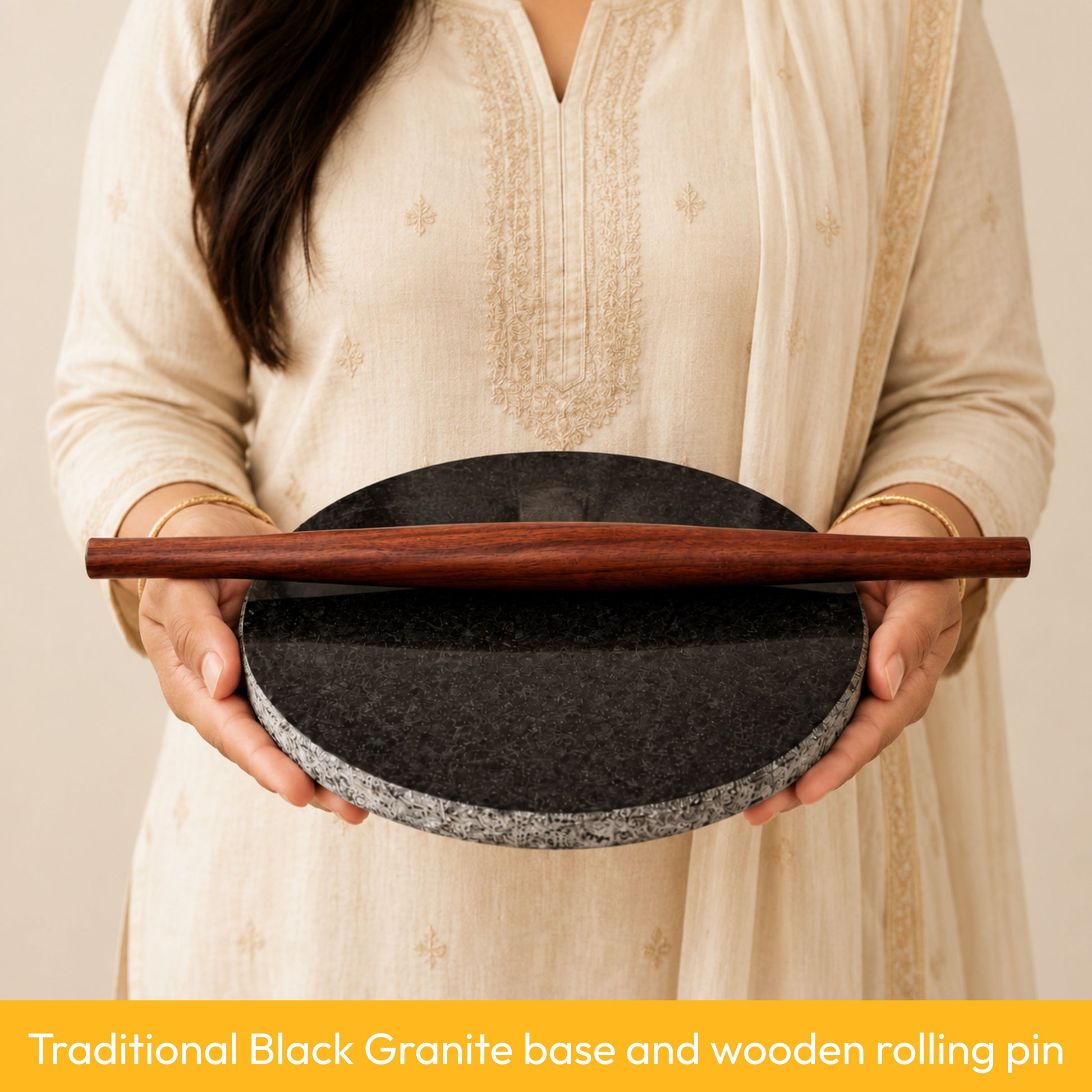 Black Granite Chakla Base & Wooden Gujarati Belan Set