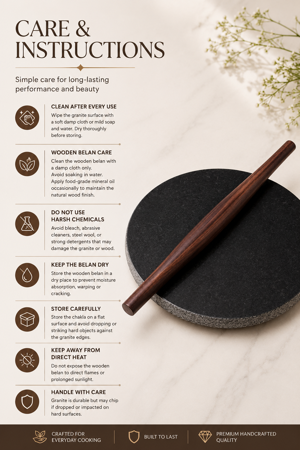 Black Granite Chakla Base & Wooden Gujarati Belan Set
