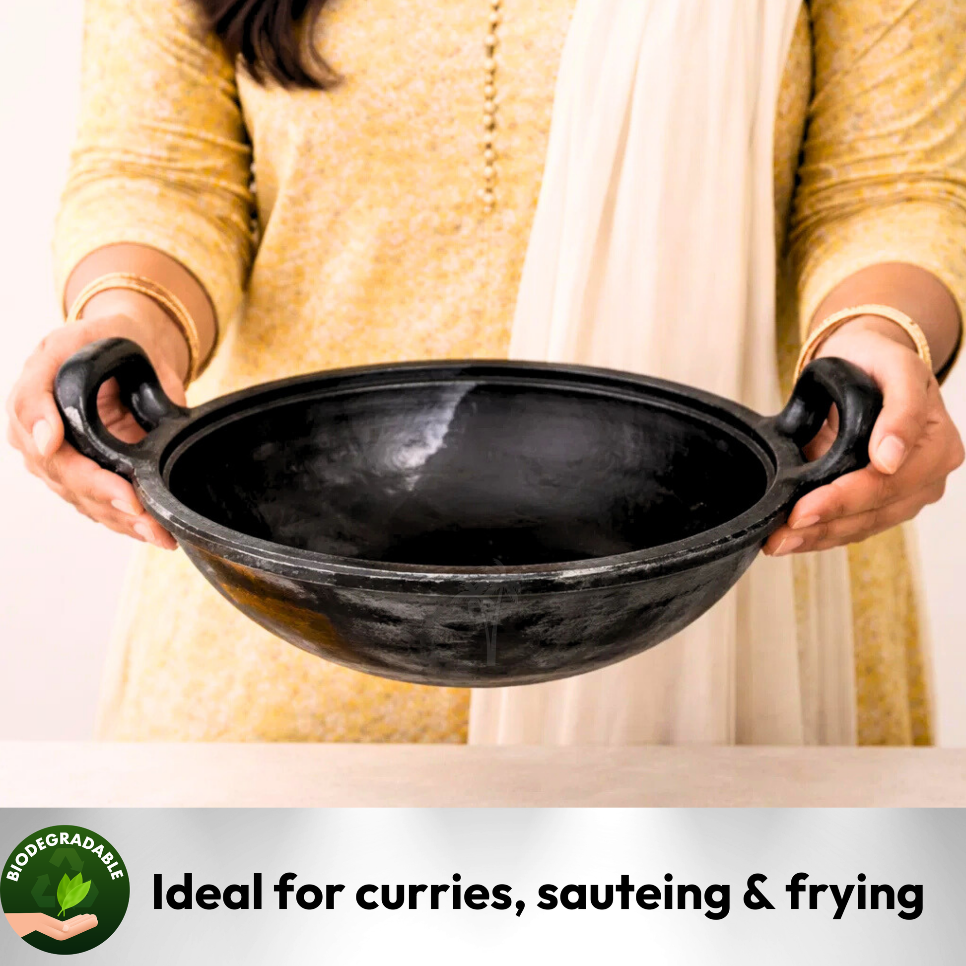 Clay Kadai 28 cm Black | Terracotta Mitti Kadai with Clay Handle for Curries, Frying