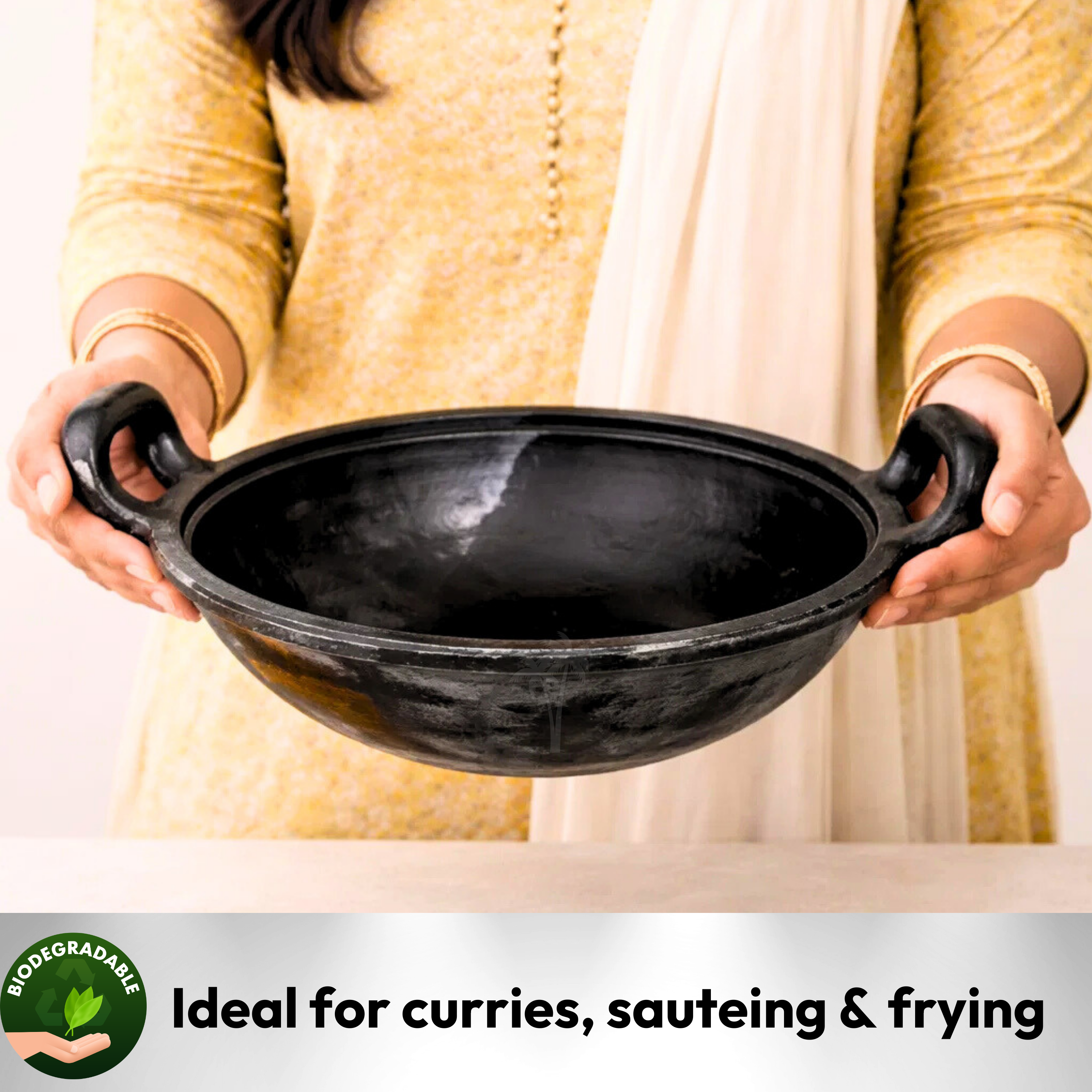 Clay Kadai 28 cm Black | Terracotta Mitti Kadai with Clay Handle for Curries, Frying
