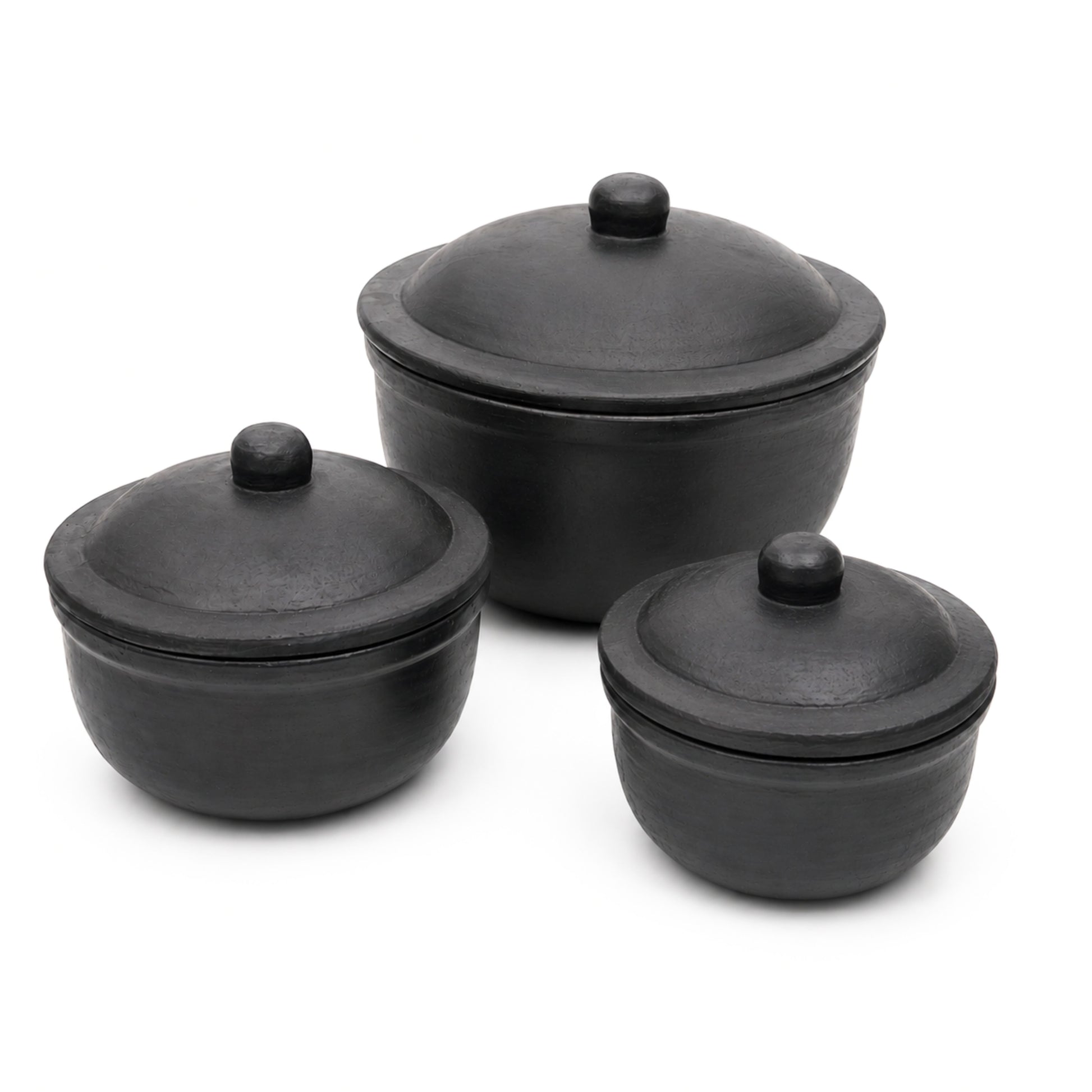 Clay Serving Pot Combo – Black Terracotta Set of 3 with Lids