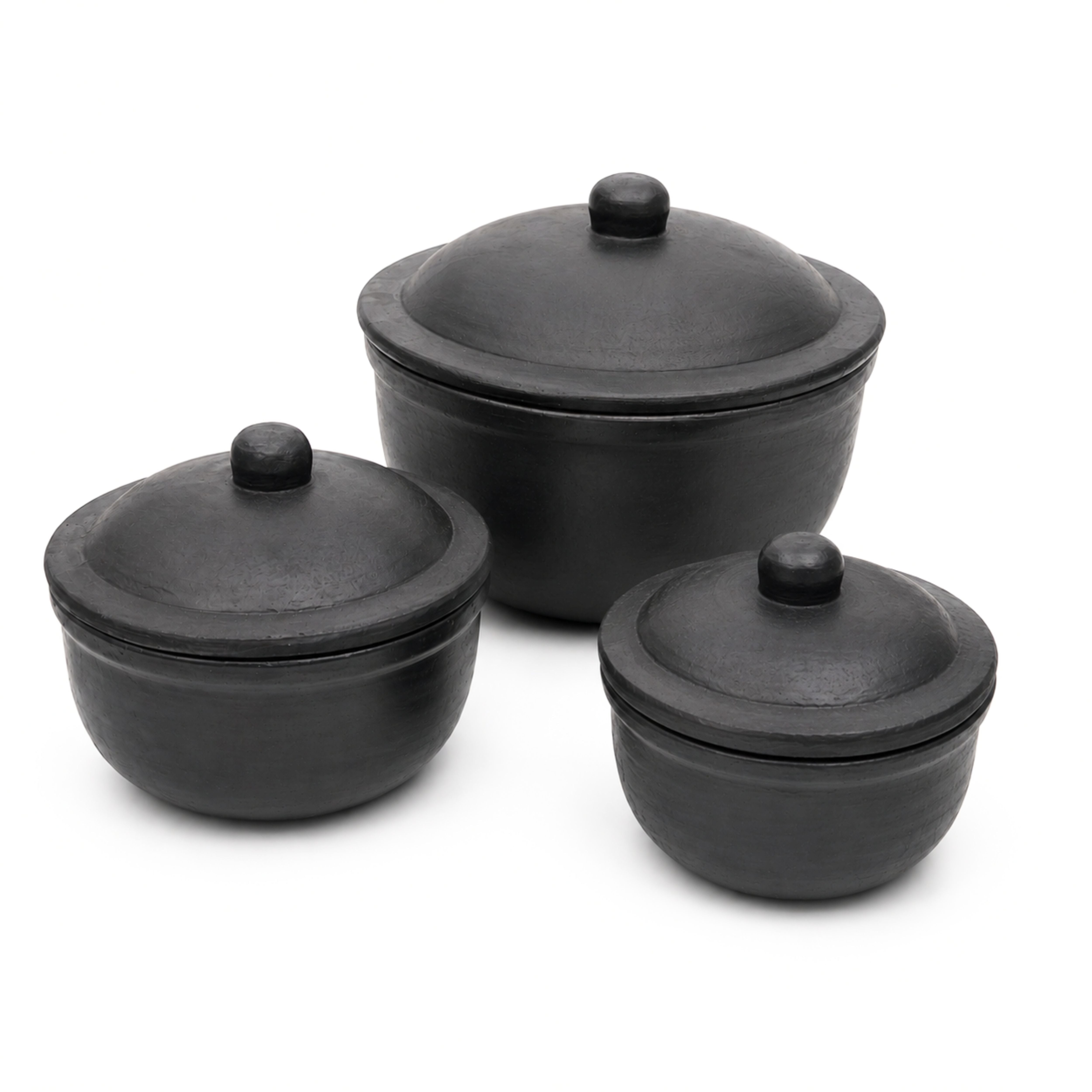 Clay Serving Pot Combo – Black Terracotta Set of 3 with Lids