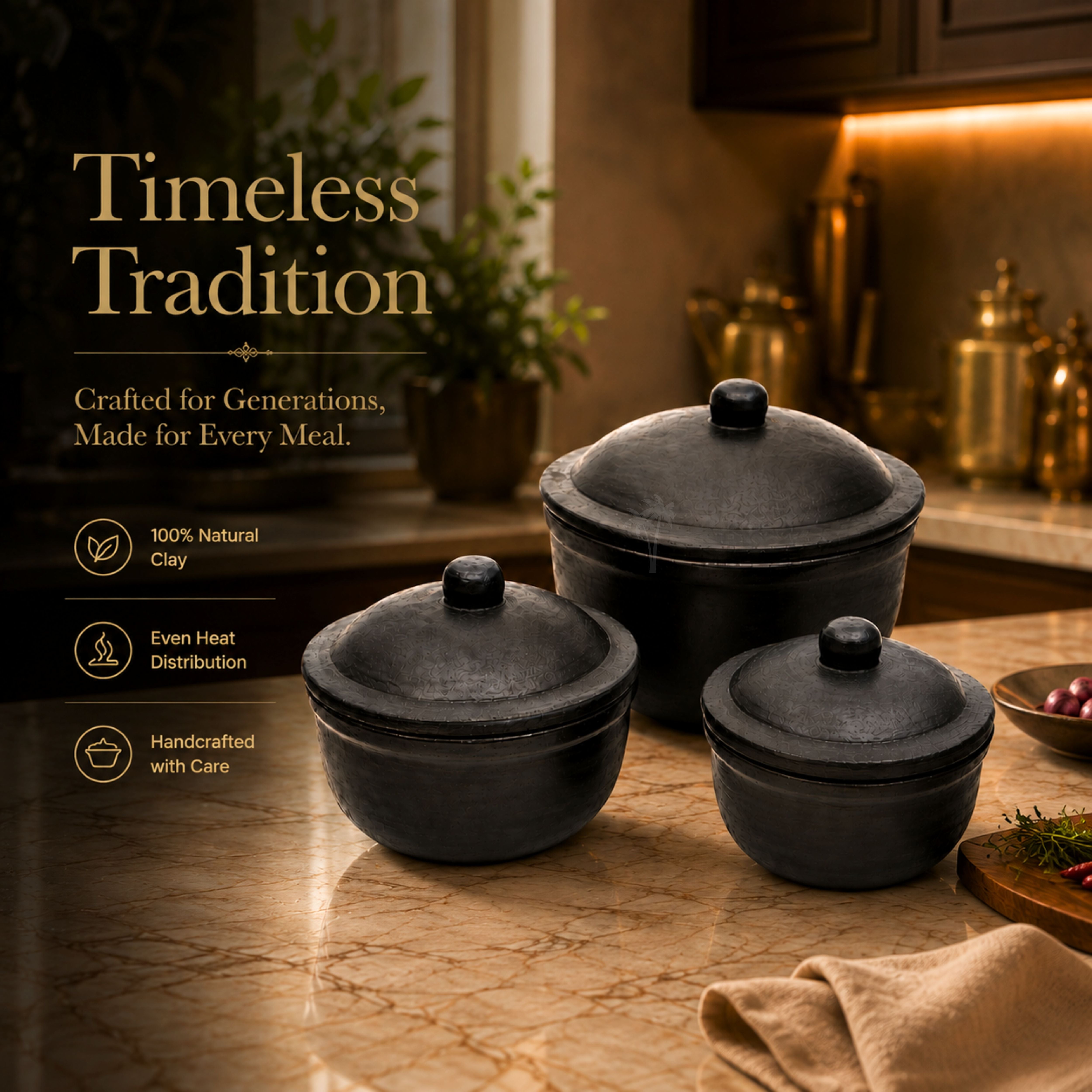 Clay Serving Pot Combo – Black Terracotta Set of 3 with Lids