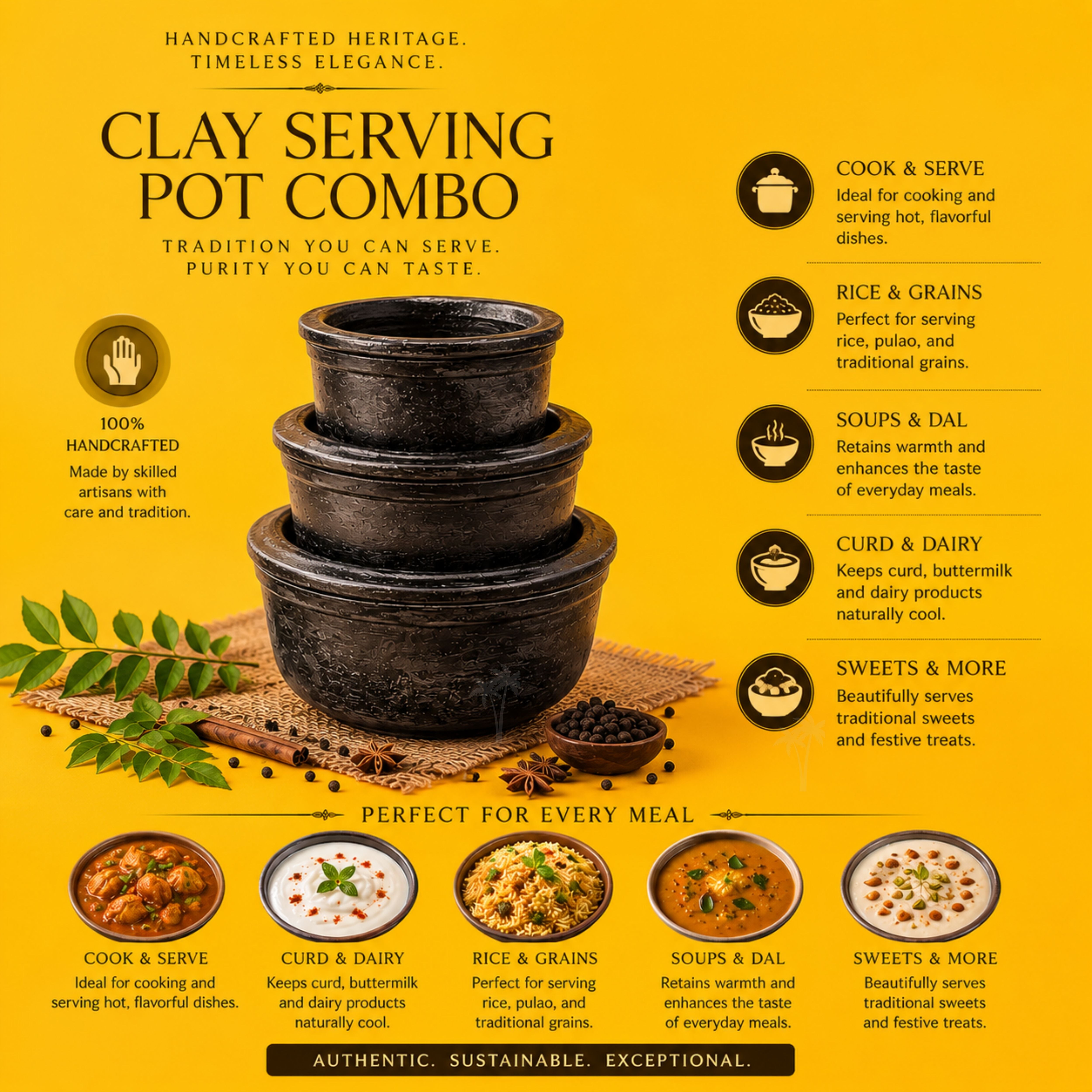 Clay Serving Pot Combo – Black Terracotta Set of 3 with Lids