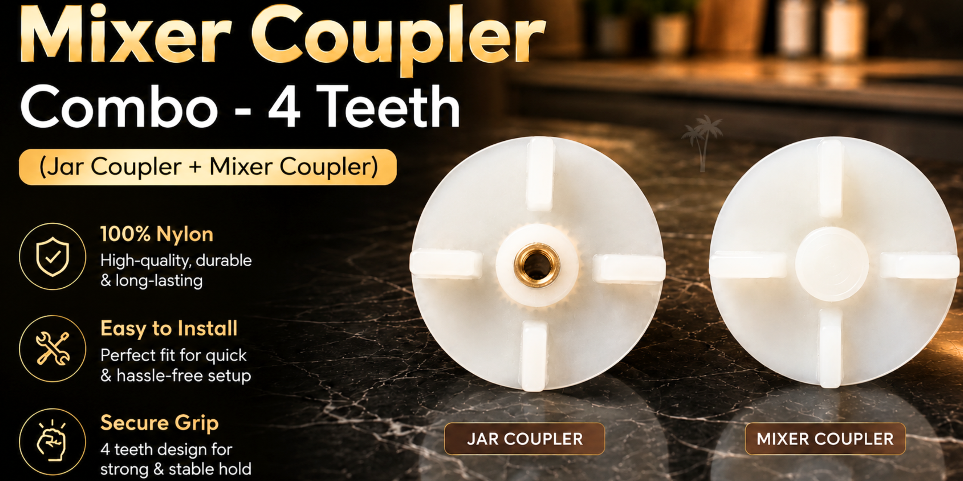 Mixer coupler combo with jar and mixer coupler on a dark surface