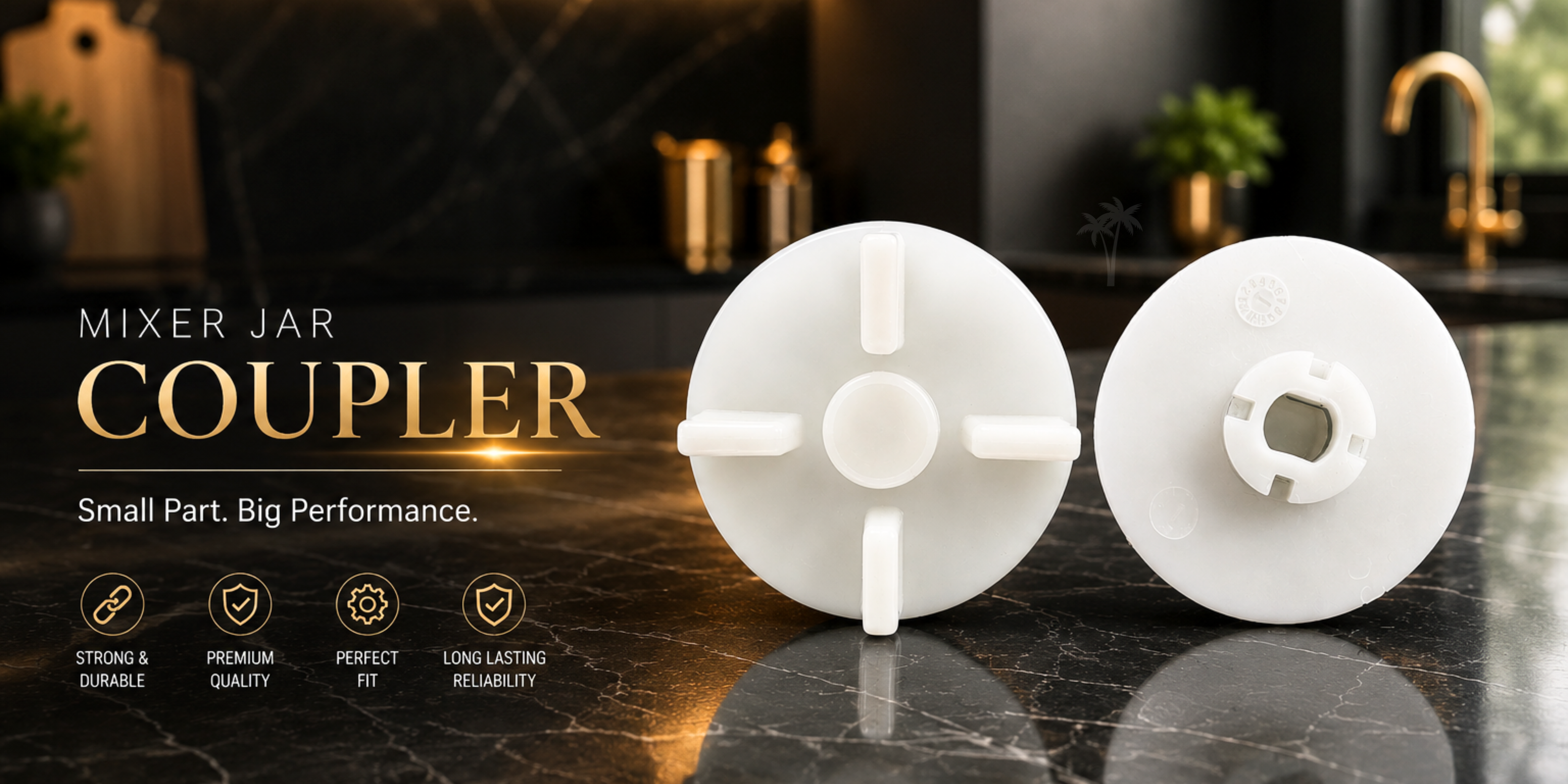Two mixer jar couplers on a reflective surface with a blurred kitchen background.