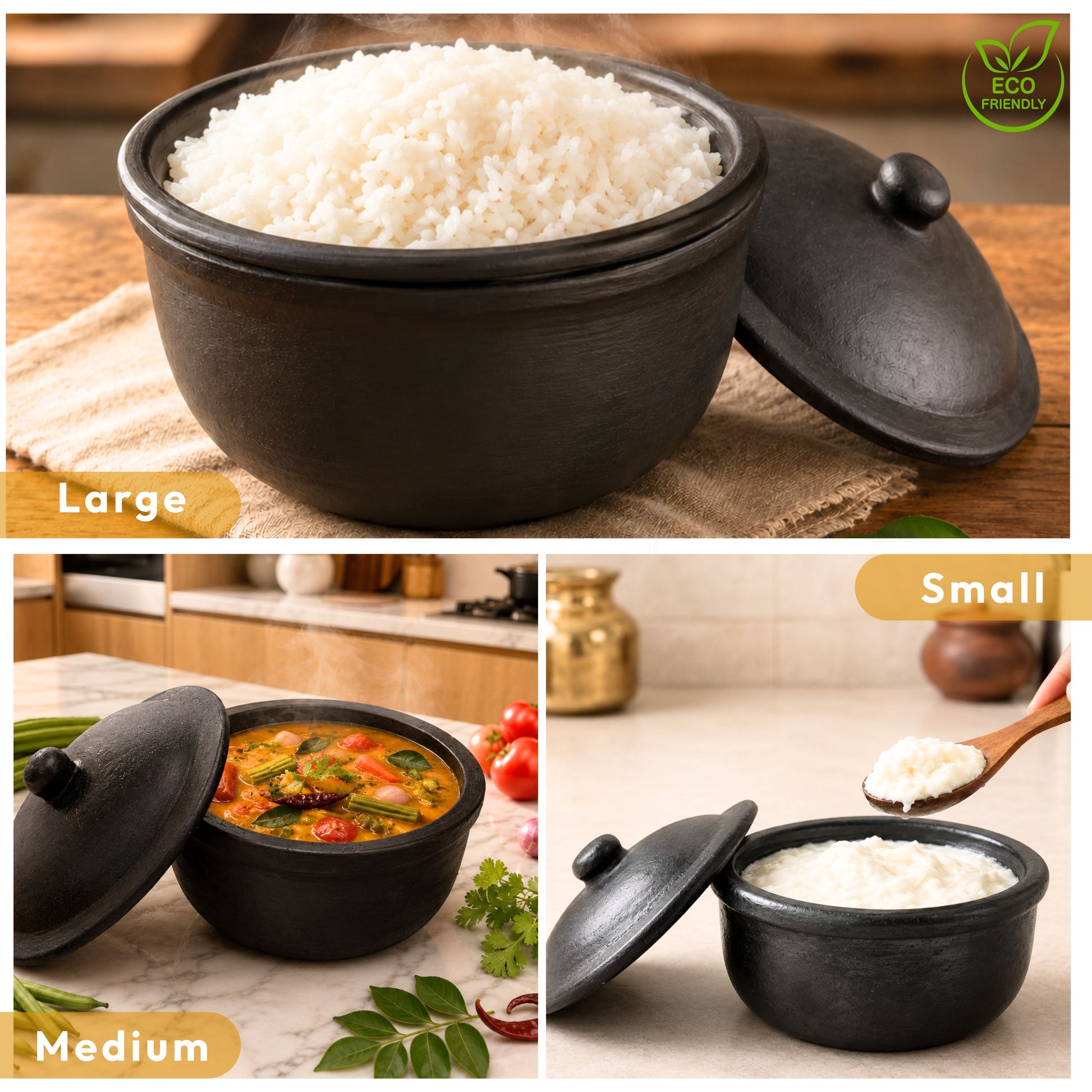 Clay Serving Pot Combo – Black Terracotta Set of 3 with Lids