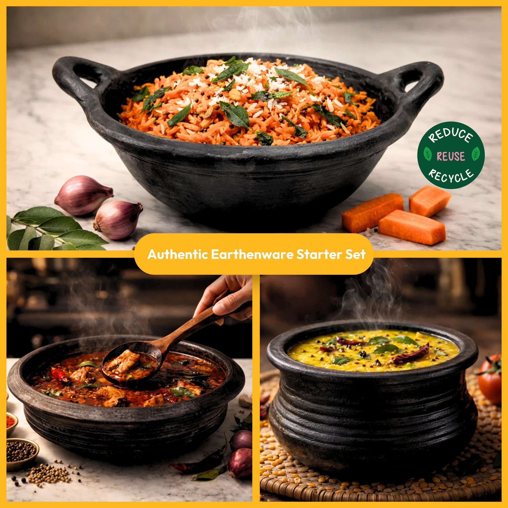 Premium Kitchen Starter Combo | Kadai | Meen kulambu Satti | Paruppu Sati | Ladle & Mixing Spoon