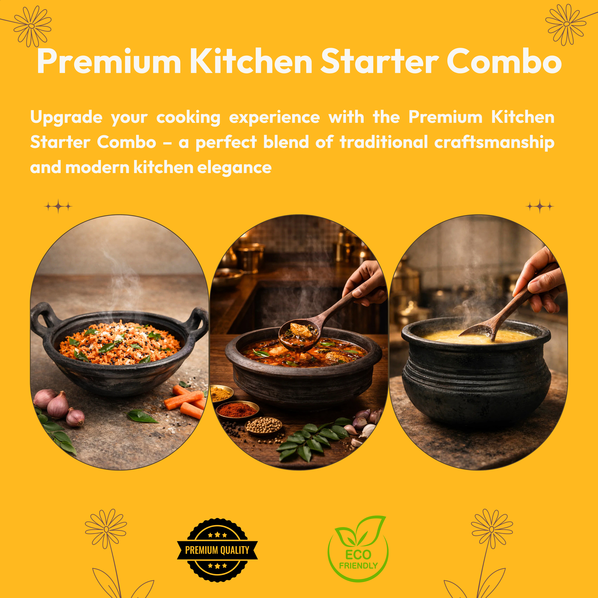 Premium Kitchen Starter Combo | Kadai | Meen kulambu Satti | Paruppu Sati | Ladle & Mixing Spoon