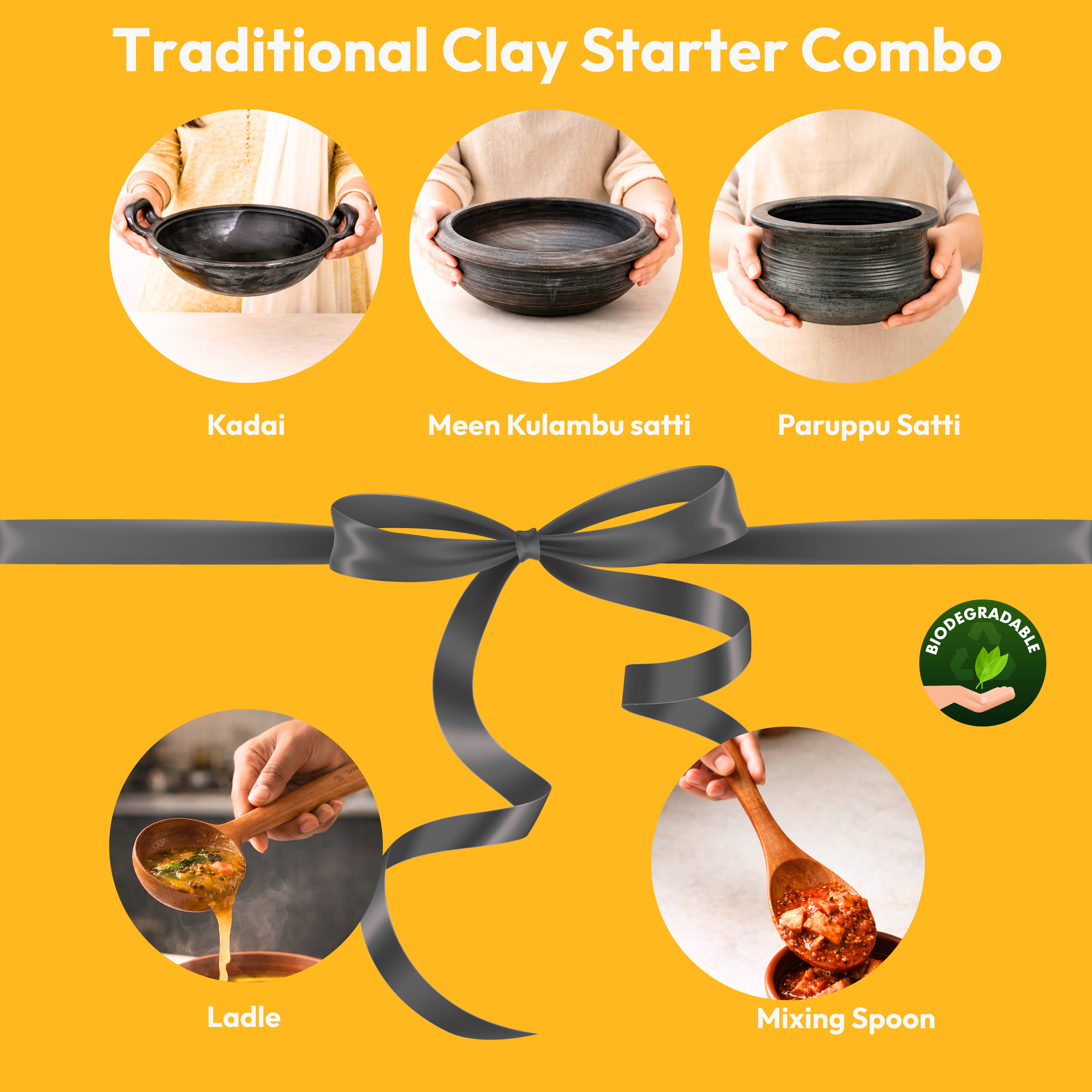 Premium Kitchen Starter Combo | Kadai | Meen kulambu Satti | Paruppu Sati | Ladle & Mixing Spoon