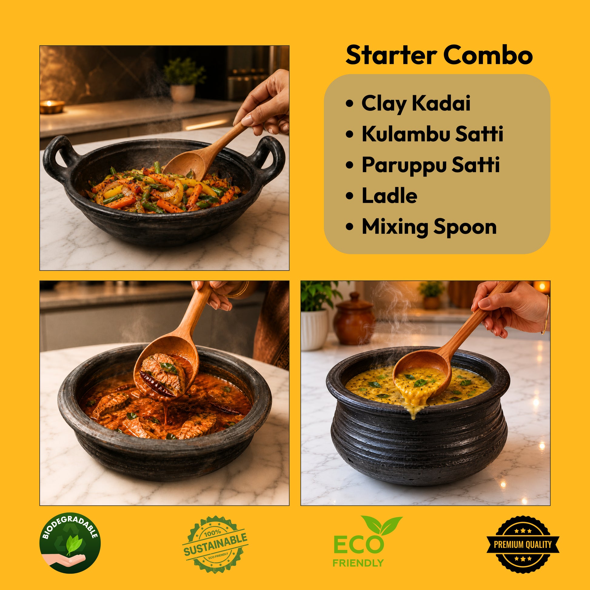 Premium Kitchen Starter Combo | Kadai | Meen kulambu Satti | Paruppu Sati | Ladle & Mixing Spoon