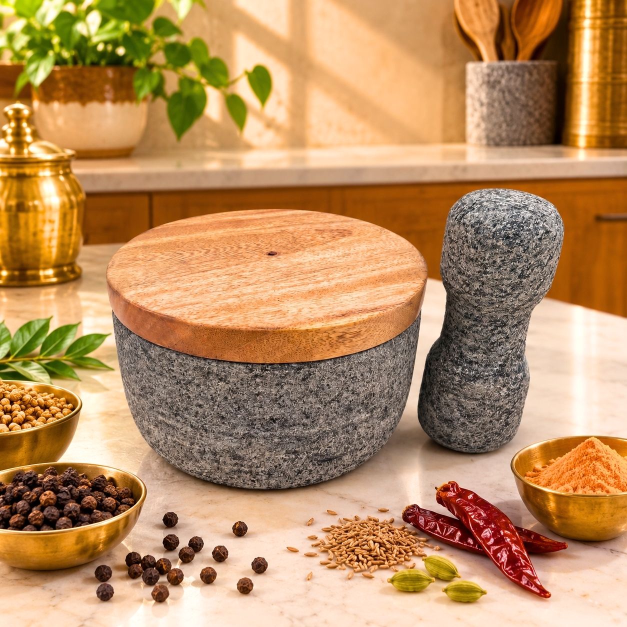 Stone Mortar Pestle with Lid 
