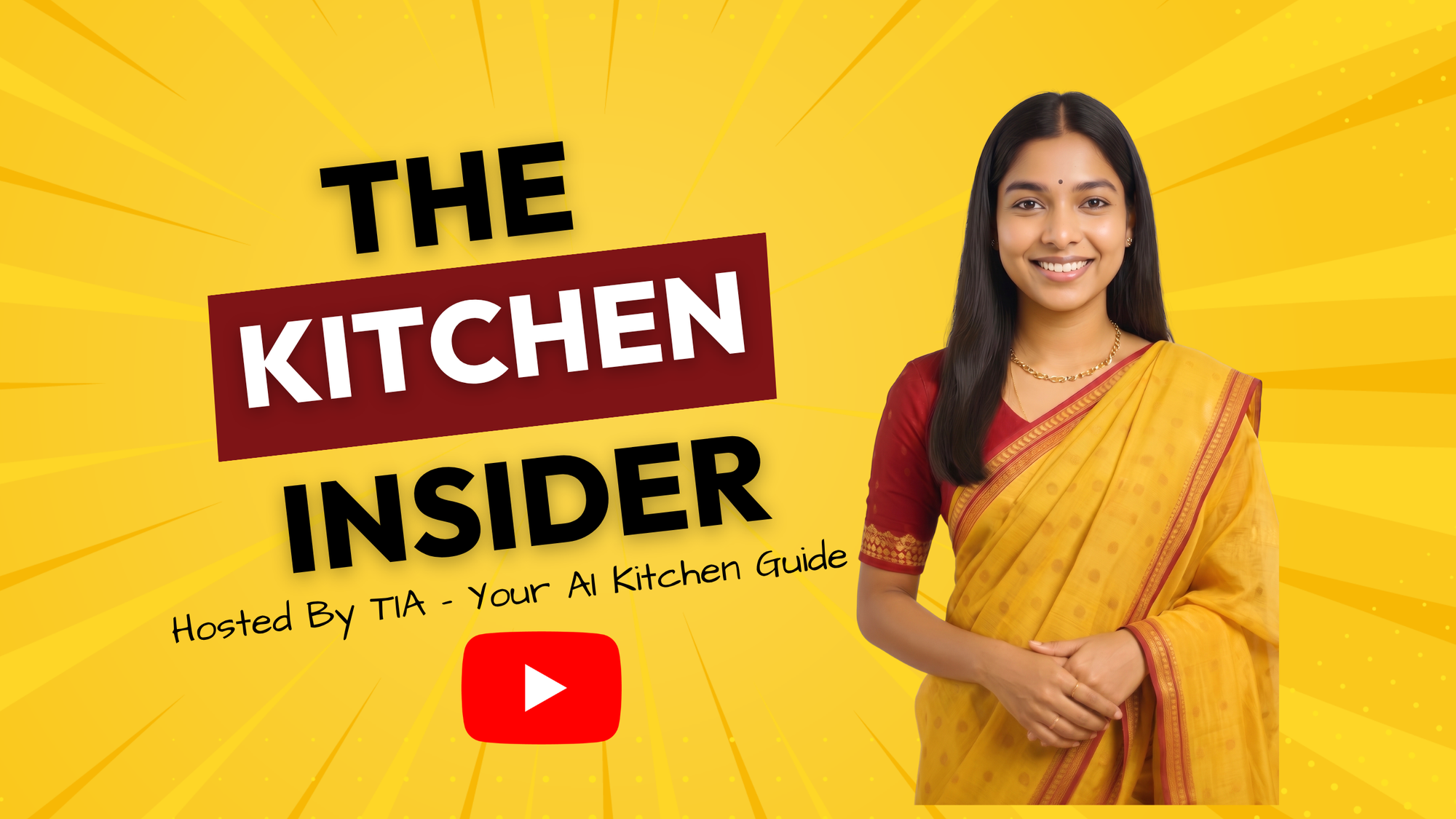Promotional image for 'The Kitchen Insider by Twin Palmyra' with TIA in a yellow saree on a yellow background.
