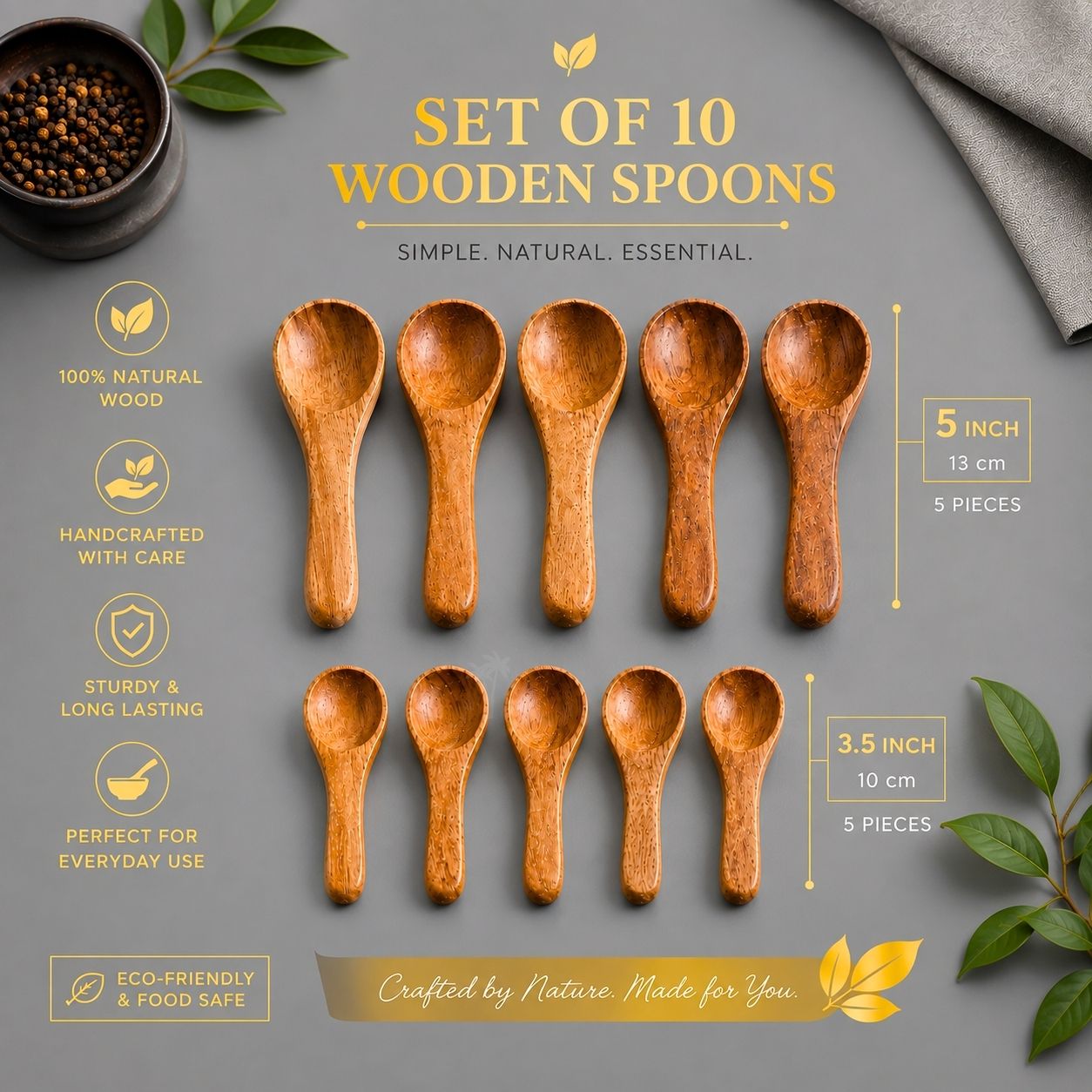 Wooden Spoon Set of 10 – 5 Inch & 3.5 Inch Kitchen Spoons
