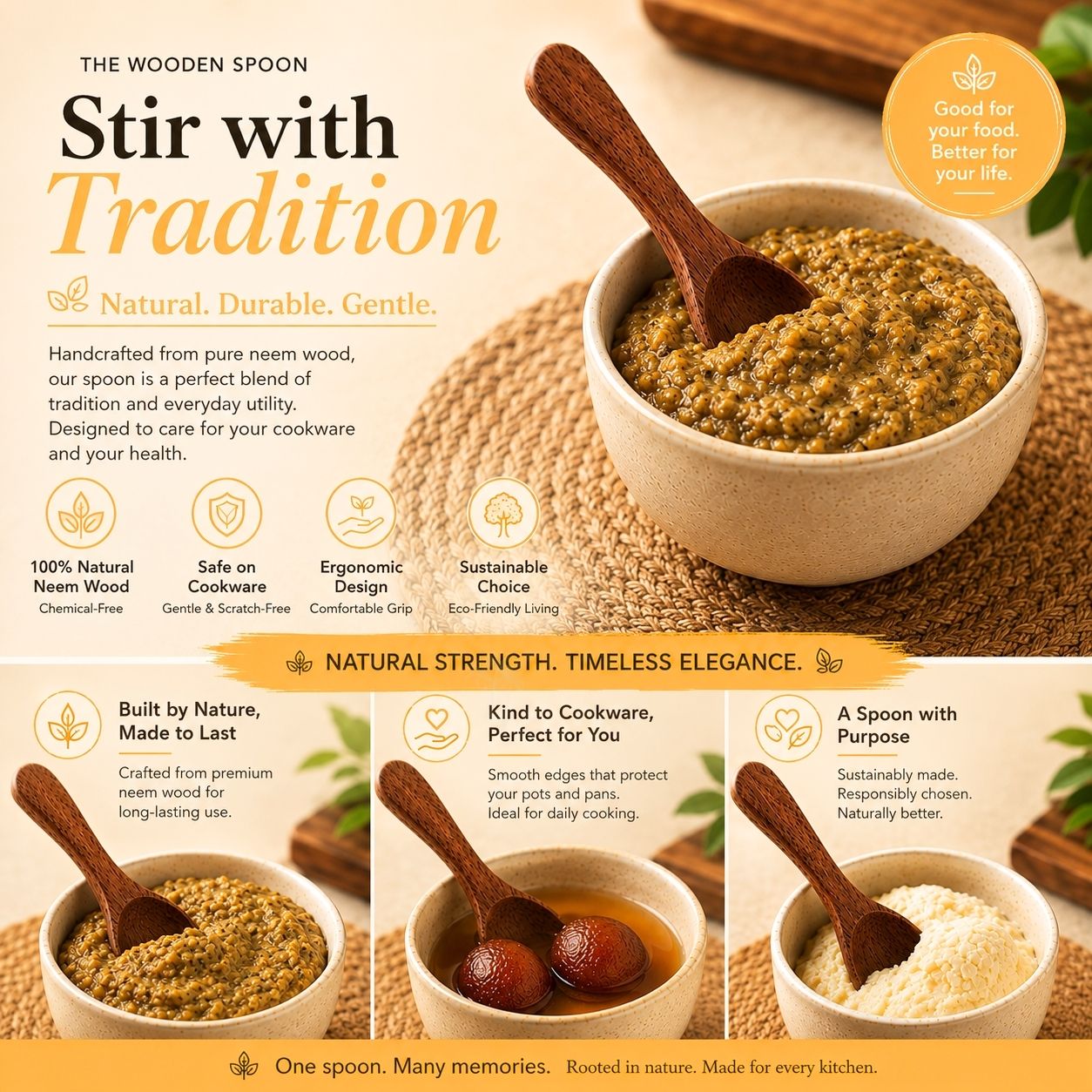 Neem Wood Spoon Set – 10 Pcs, 5 Inch Handcrafted Kitchen Spoons