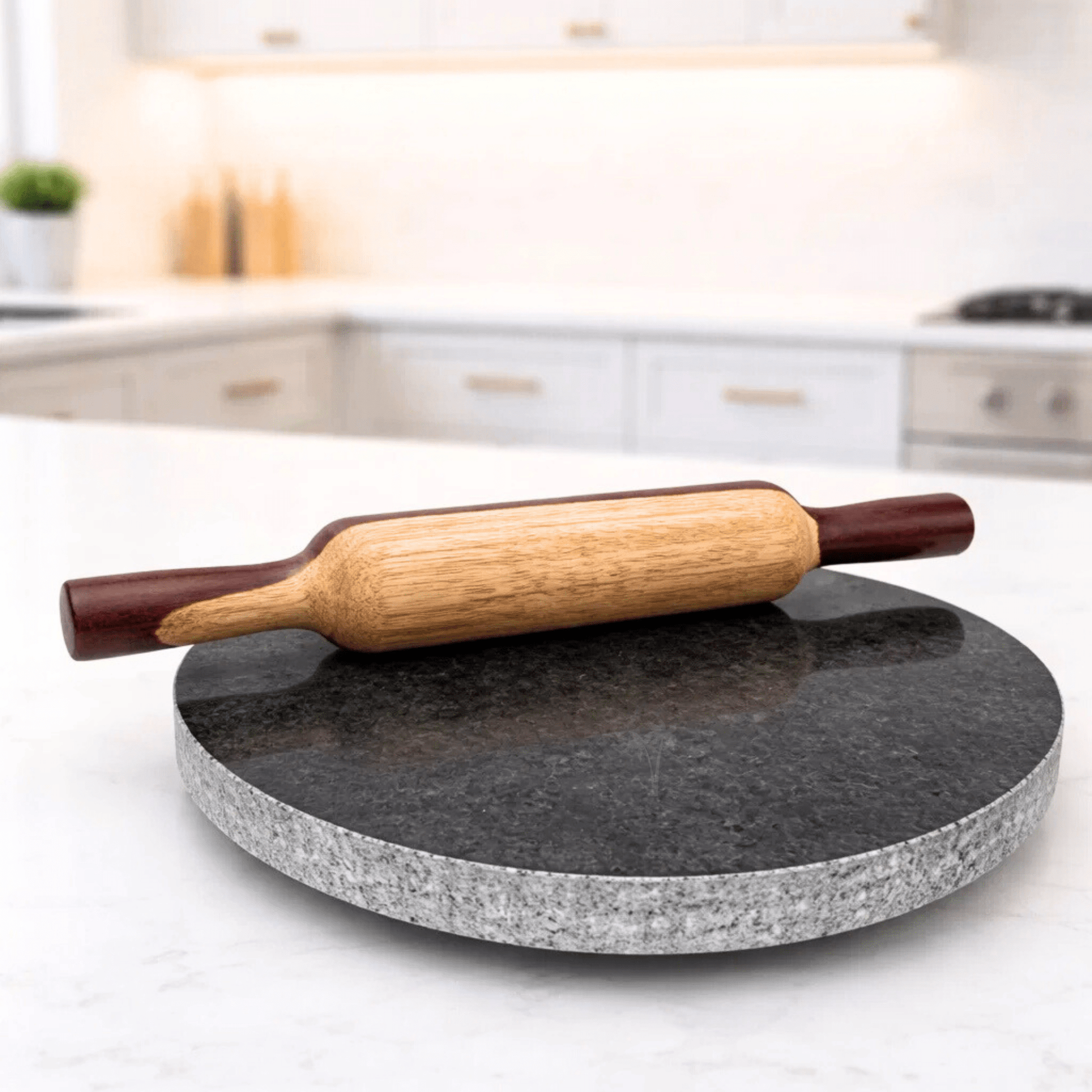 Black Granite Base & Wooden Rolling Pin for Roti| Paratha | Chappathi | Nan - Twin Palmyra