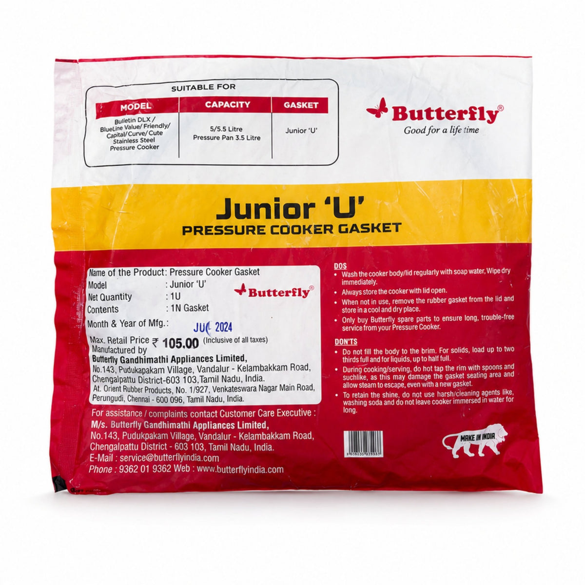 Butterfly Junior U Pressure Cooker Gasket – Rubber Sealing Ring - Twin Palmyra