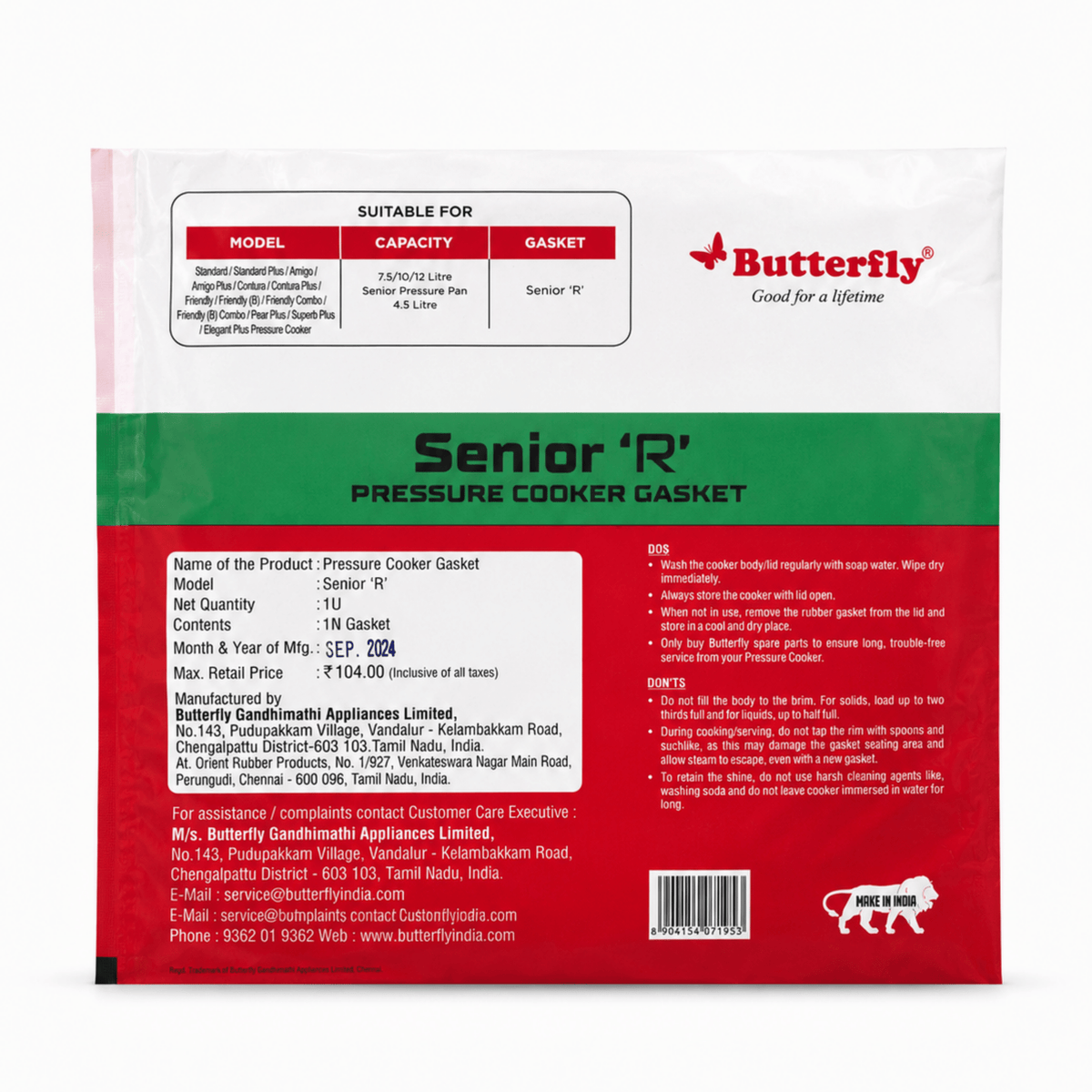 Butterfly Senior R Pressure Cooker Gasket – Rubber Sealing Ring - Twin Palmyra