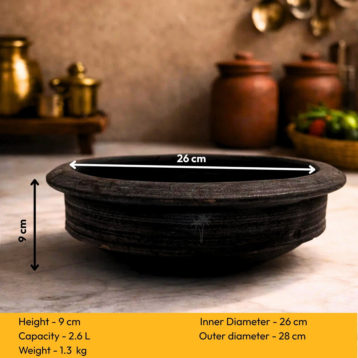 Clay Cooking Pot 25cm Black — Kulambu Satti Terracotta Curry Pot - Twin Palmyra