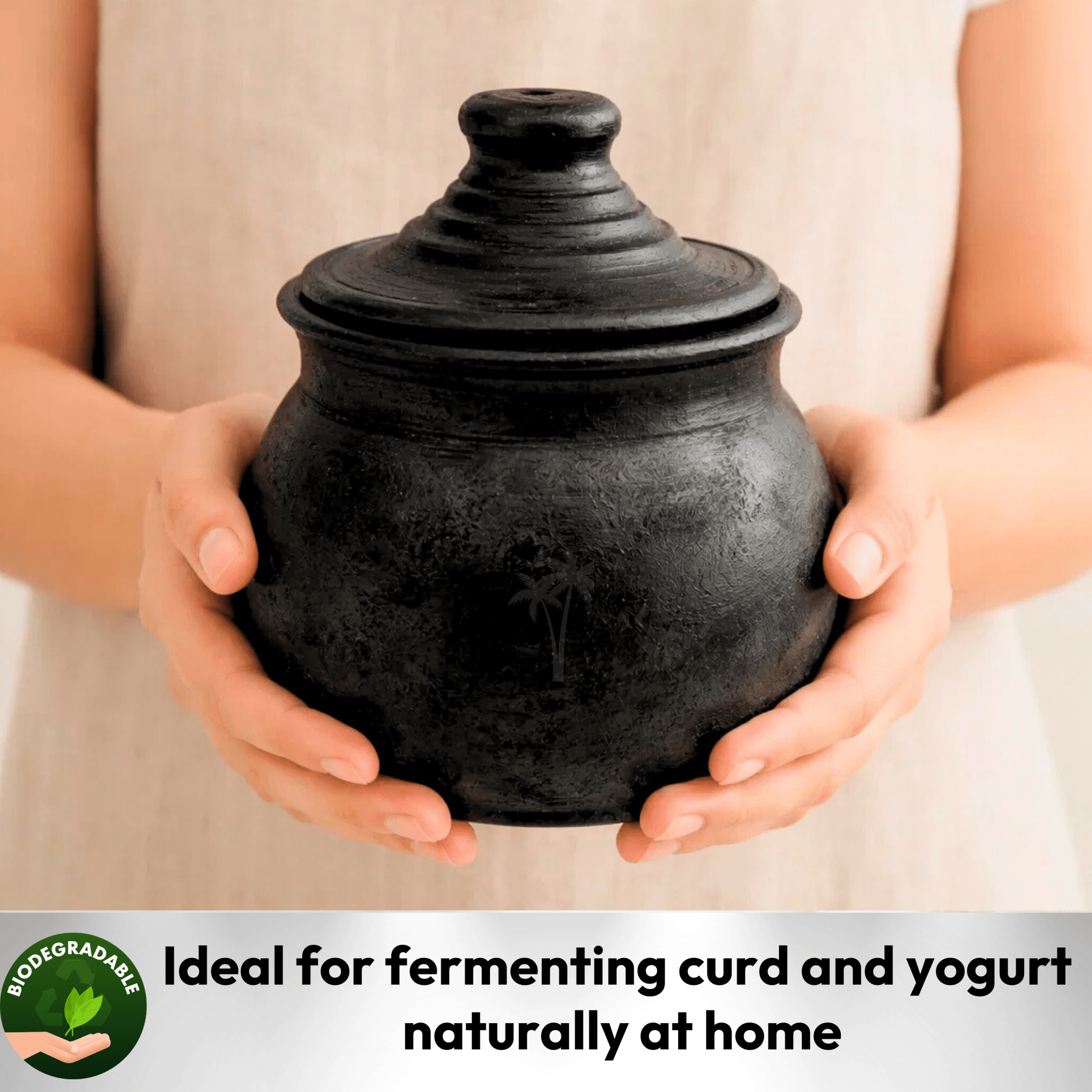 Clay Curd Pot with Lid | Black | Thayir Satti | Handmade Terracotta Dahi Handi for Setting Curd - Twin Palmyra