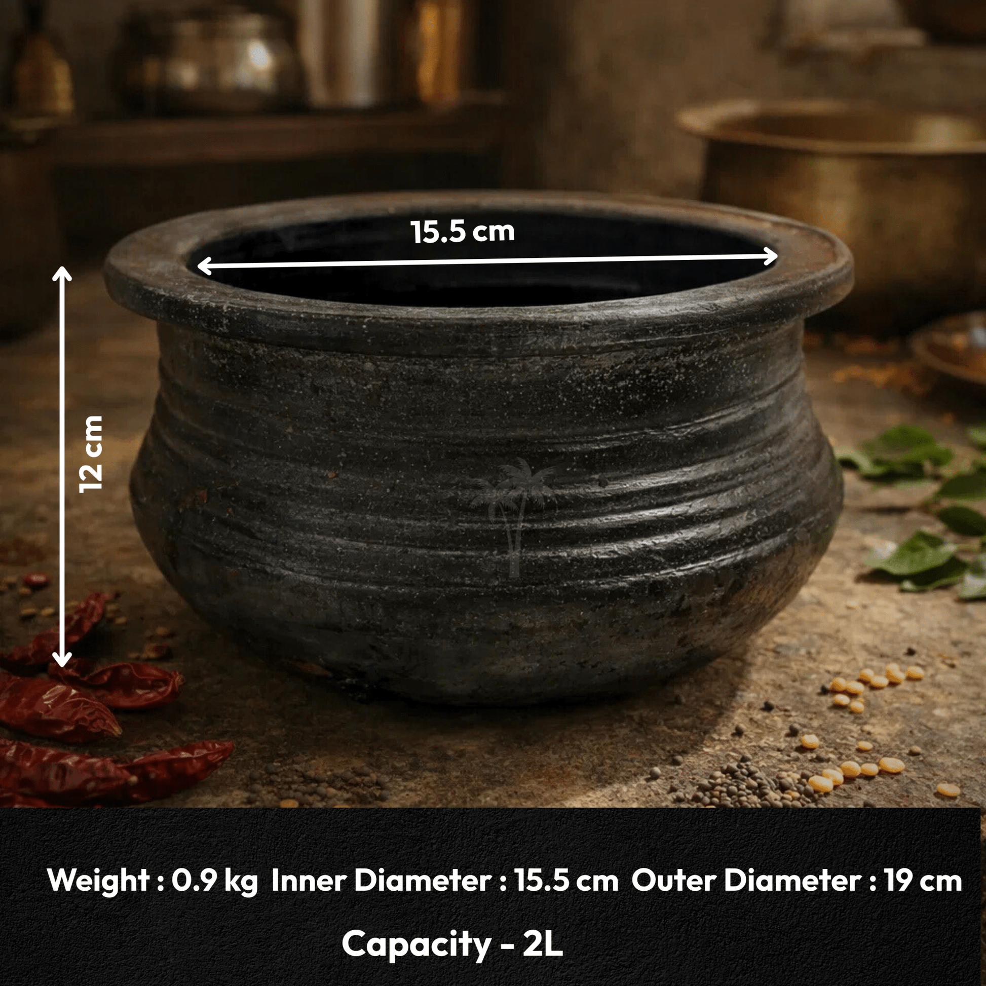 Clay Dhal Pot Black| Paruppu Satti & Keerai Satti | Terracotta Cookware for Healthy Cooking - Twin Palmyra