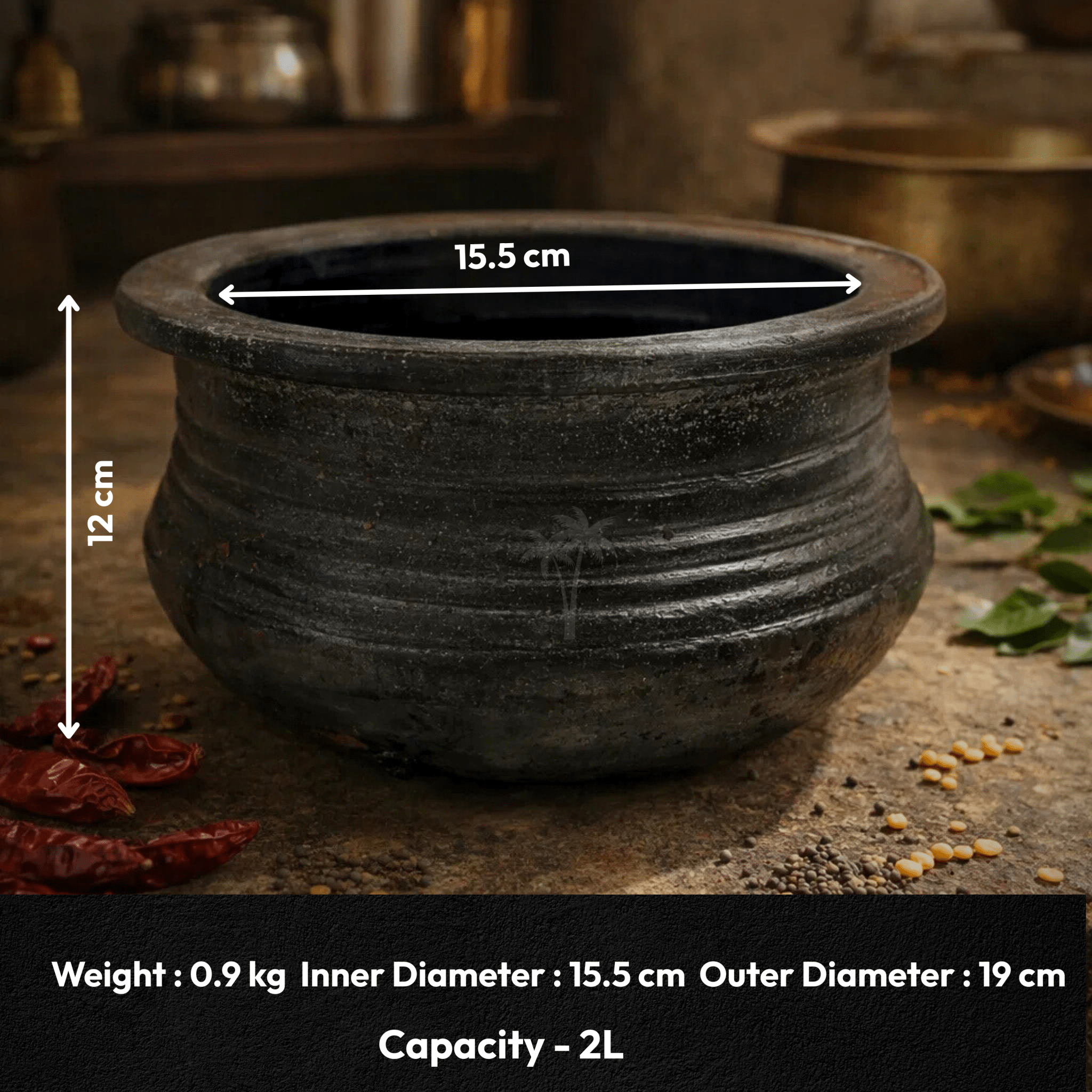 Clay Dhal Pot Black| Paruppu Satti & Keerai Satti | Terracotta Cookware for Healthy Cooking - Twin Palmyra