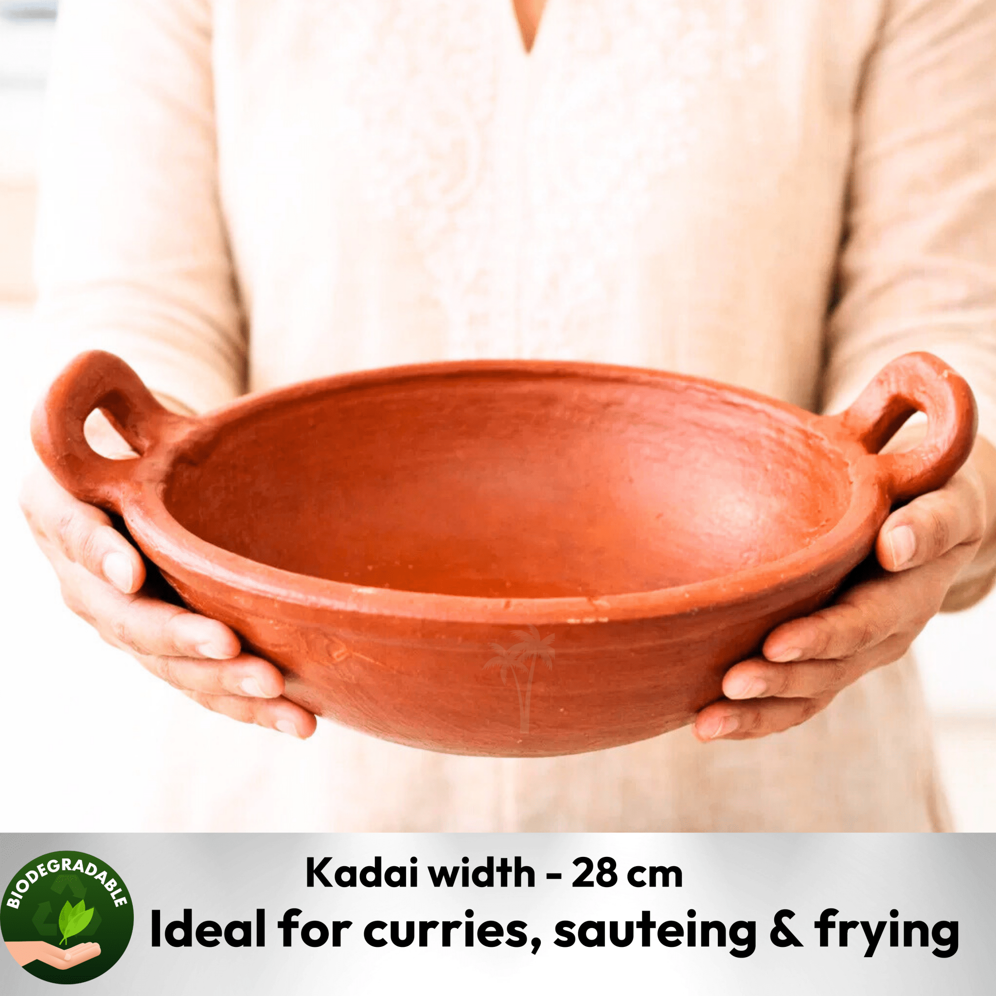 Clay Kadai 28 cm Brown | Terracotta Mitti Kadai with Handle for Curries, Frying - Twin Palmyra