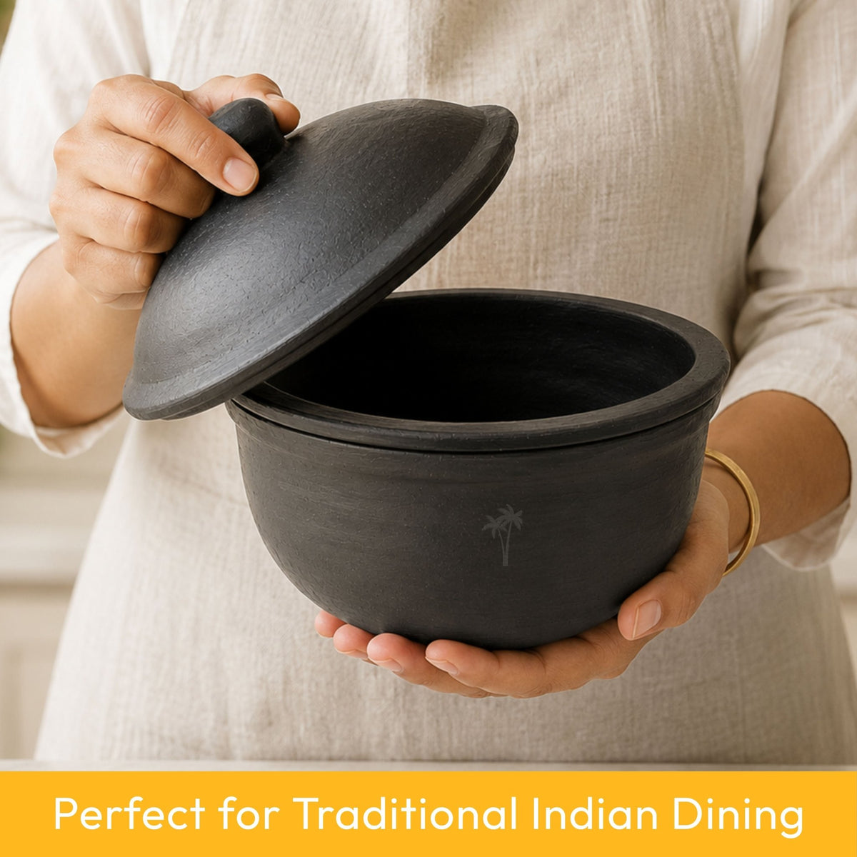 Clay Serving Pot Combo – Black Terracotta Set of 3 with Lids - Twin Palmyra