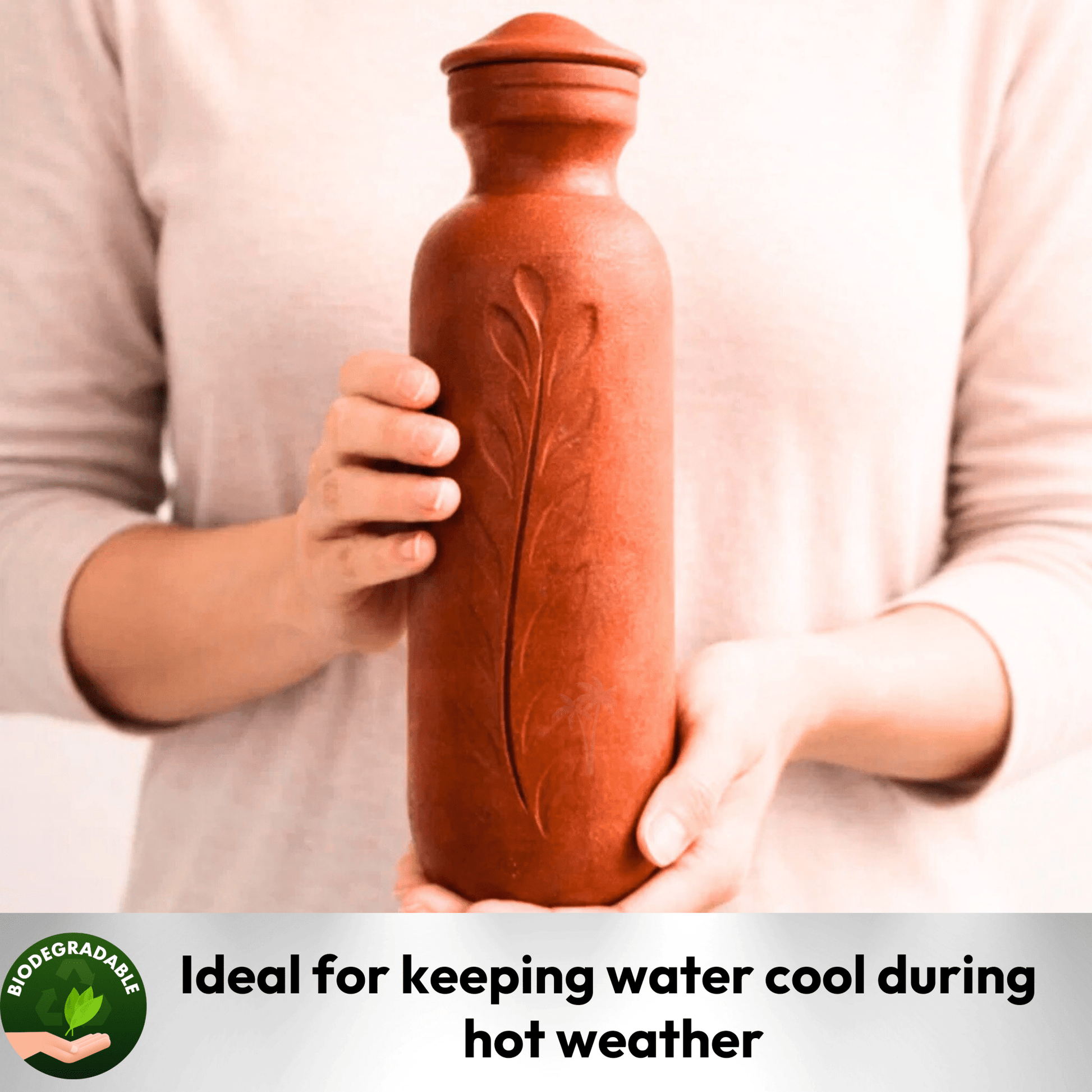 Clay Water Bottle with Lid - 1 Litre | Brown | Handmade Terracotta Mitti Bottle for Natural Cooling - Twin Palmyra