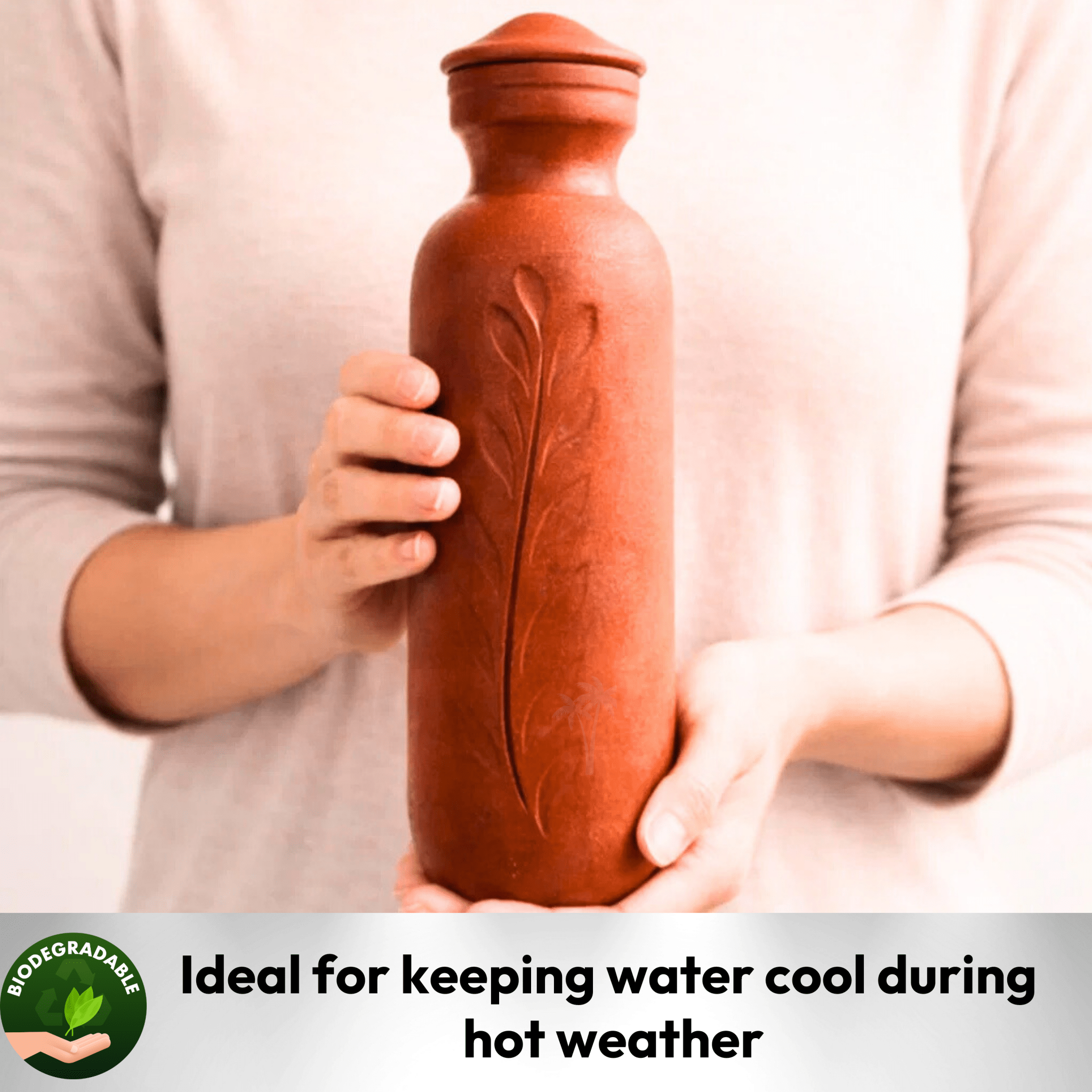 Clay Water Bottle with Lid - 1 Litre | Brown | Handmade Terracotta Mitti Bottle for Natural Cooling - Twin Palmyra