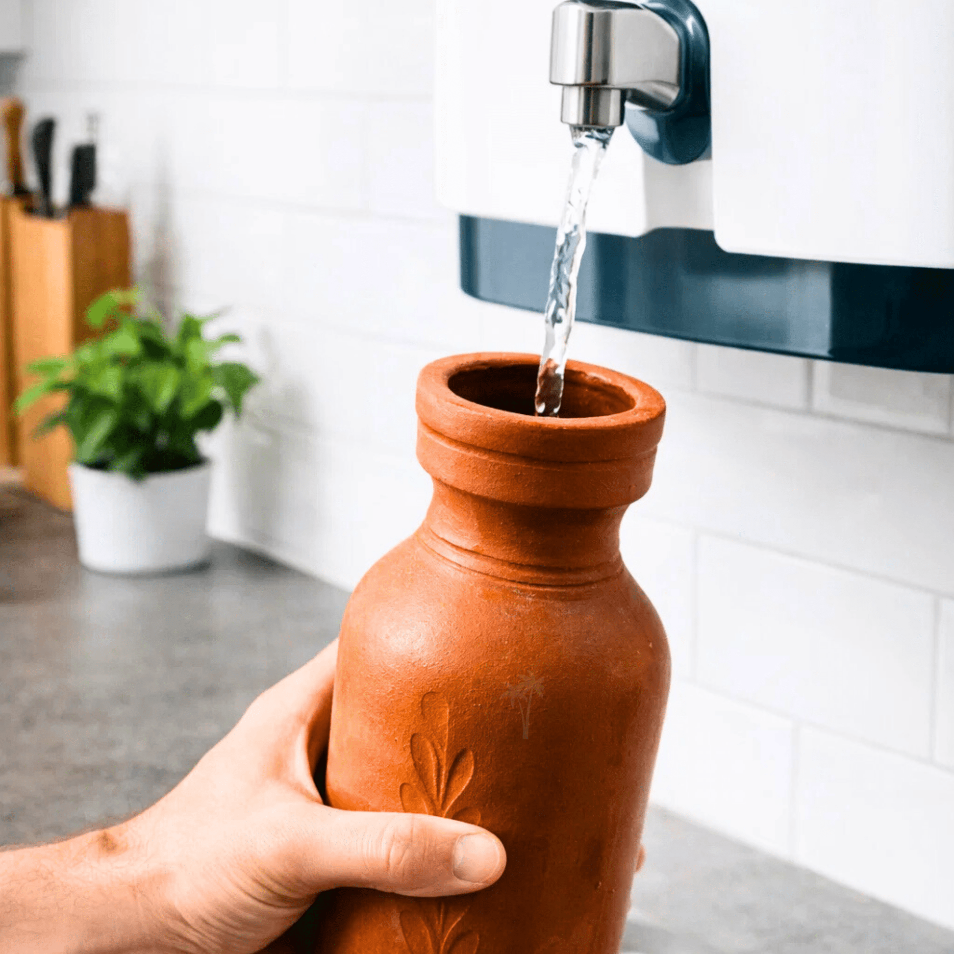 Clay Water Bottle with Lid -1 Litre | Brown | Handmade Terracotta Mitti Bottle for Natural Cooling