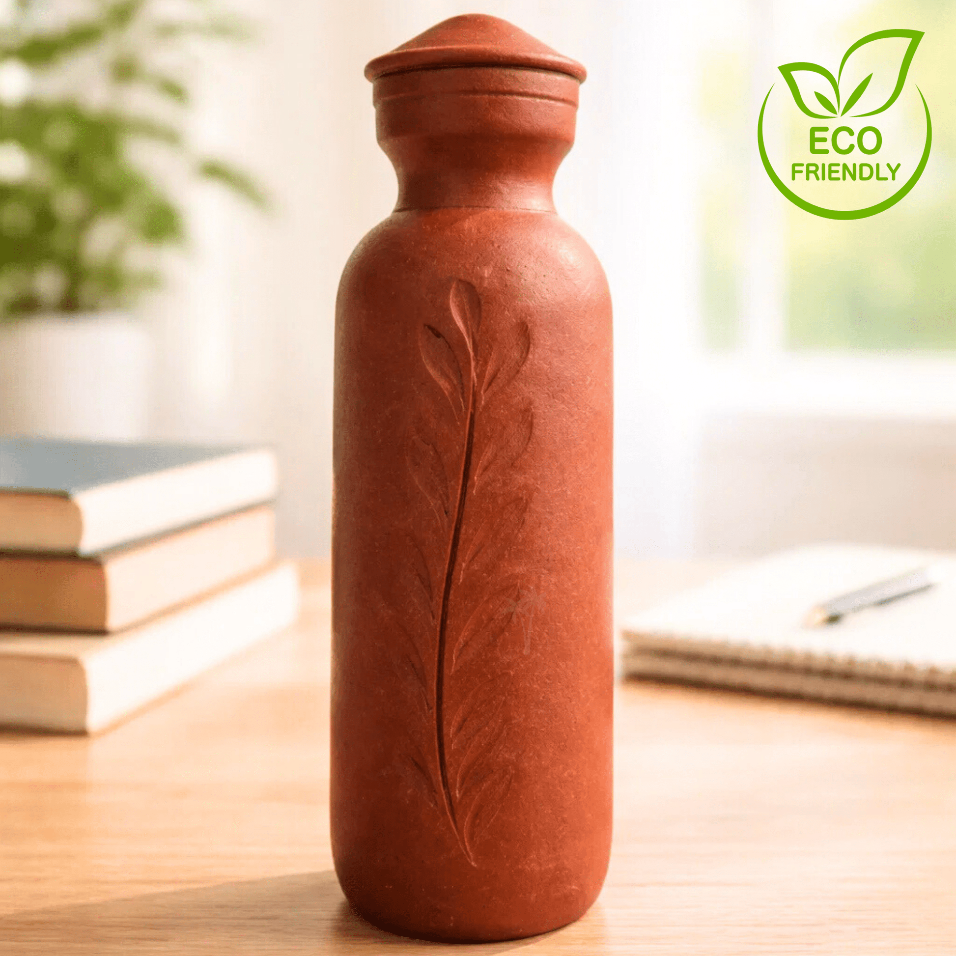 Clay Water Bottle with Lid -1 Litre | Brown | Handmade Terracotta Mitti Bottle for Natural Cooling