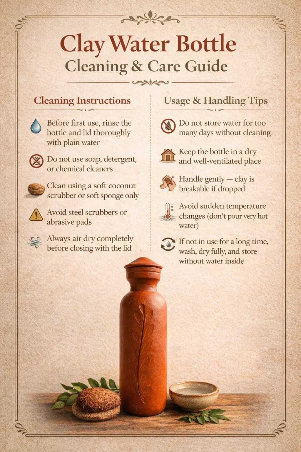 CClay Water Bottle with Lid -1 Litre | Brown | Handmade Terracotta Mitti Bottle for Natural Cooling