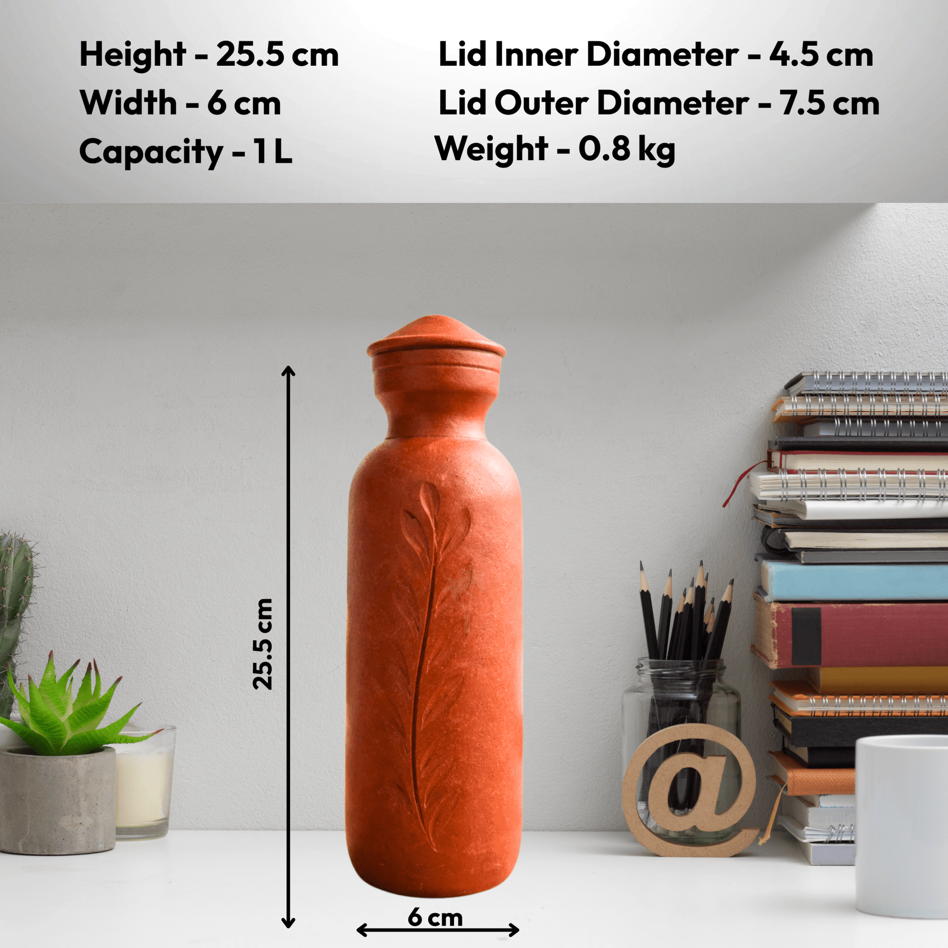 Clay Water Bottle with Lid -1 Litre | Brown | Handmade Terracotta Mitti Bottle for Natural Cooling