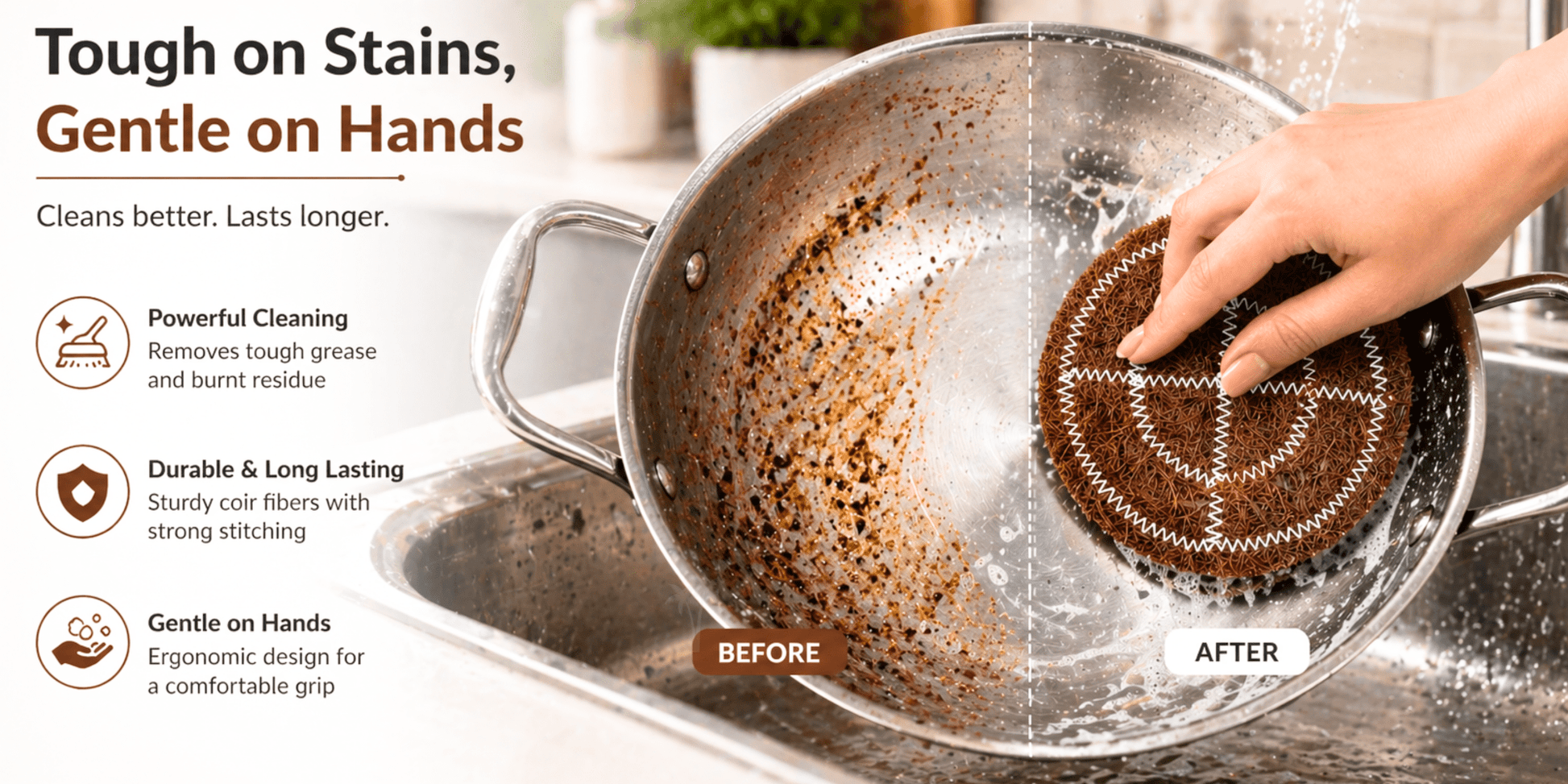 Coconut Coir Scrubber for Kitchen Cleaning | Pack of 10 | Natural Eco - Friendly Dish Scrubber Pad| - Twin Palmyra