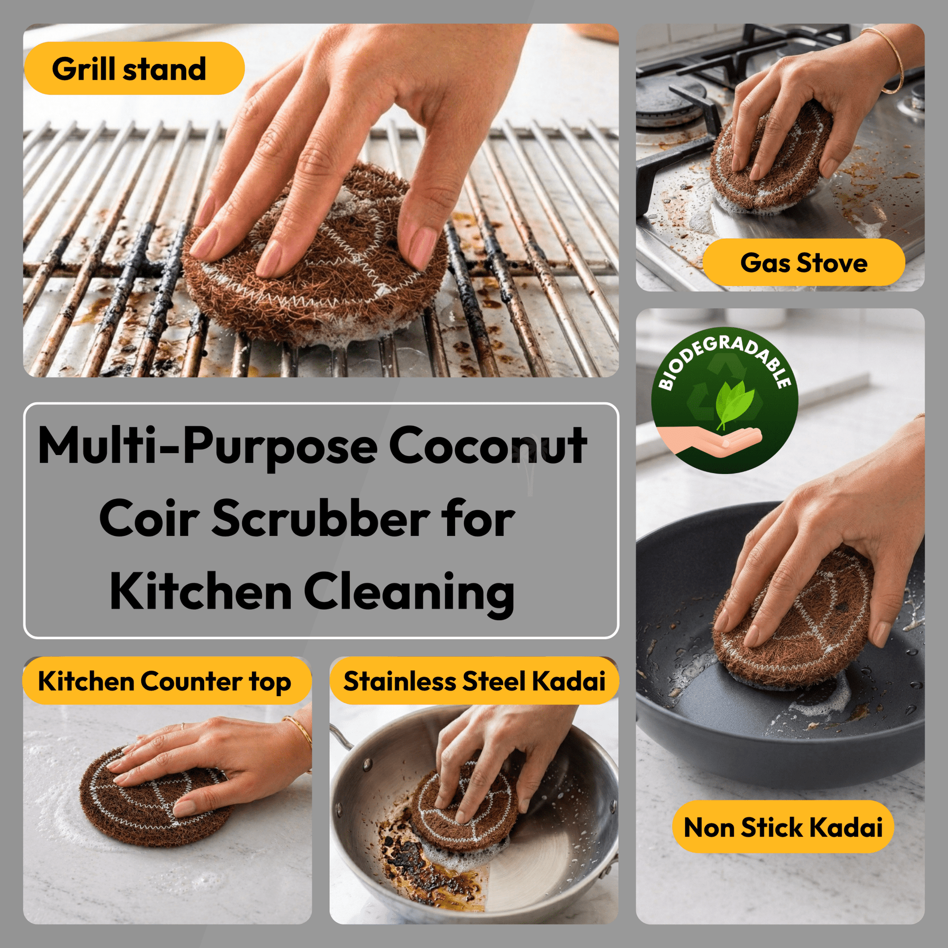 Coconut Coir Scrubber for Kitchen Cleaning | Pack of 5 | Natural Eco - Friendly Dish Scrubber Pad| - Twin Palmyra