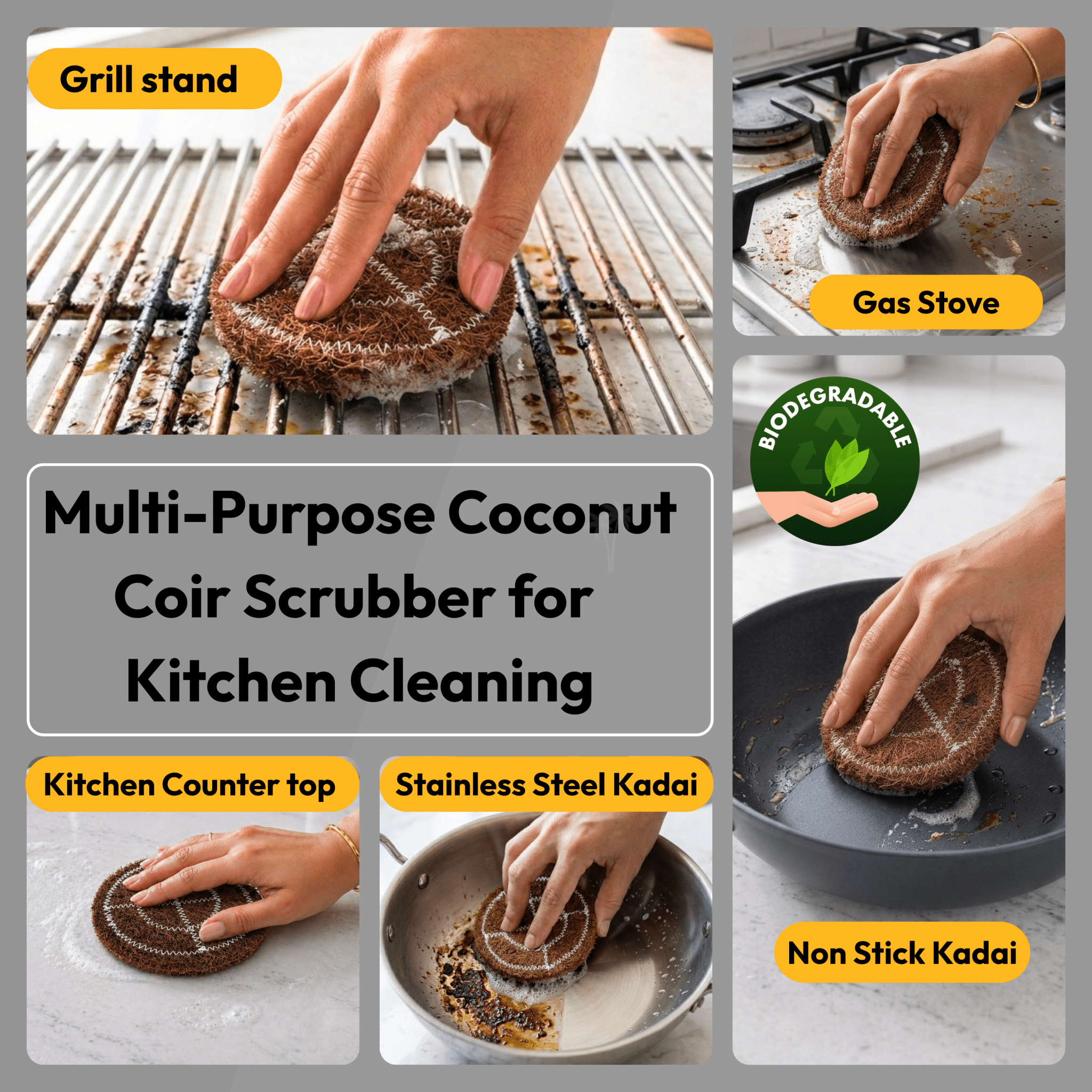 Coconut Coir Scrubber for Kitchen Cleaning | Pack of 5 | Natural Eco - Friendly Dish Scrubber Pad| - Twin Palmyra