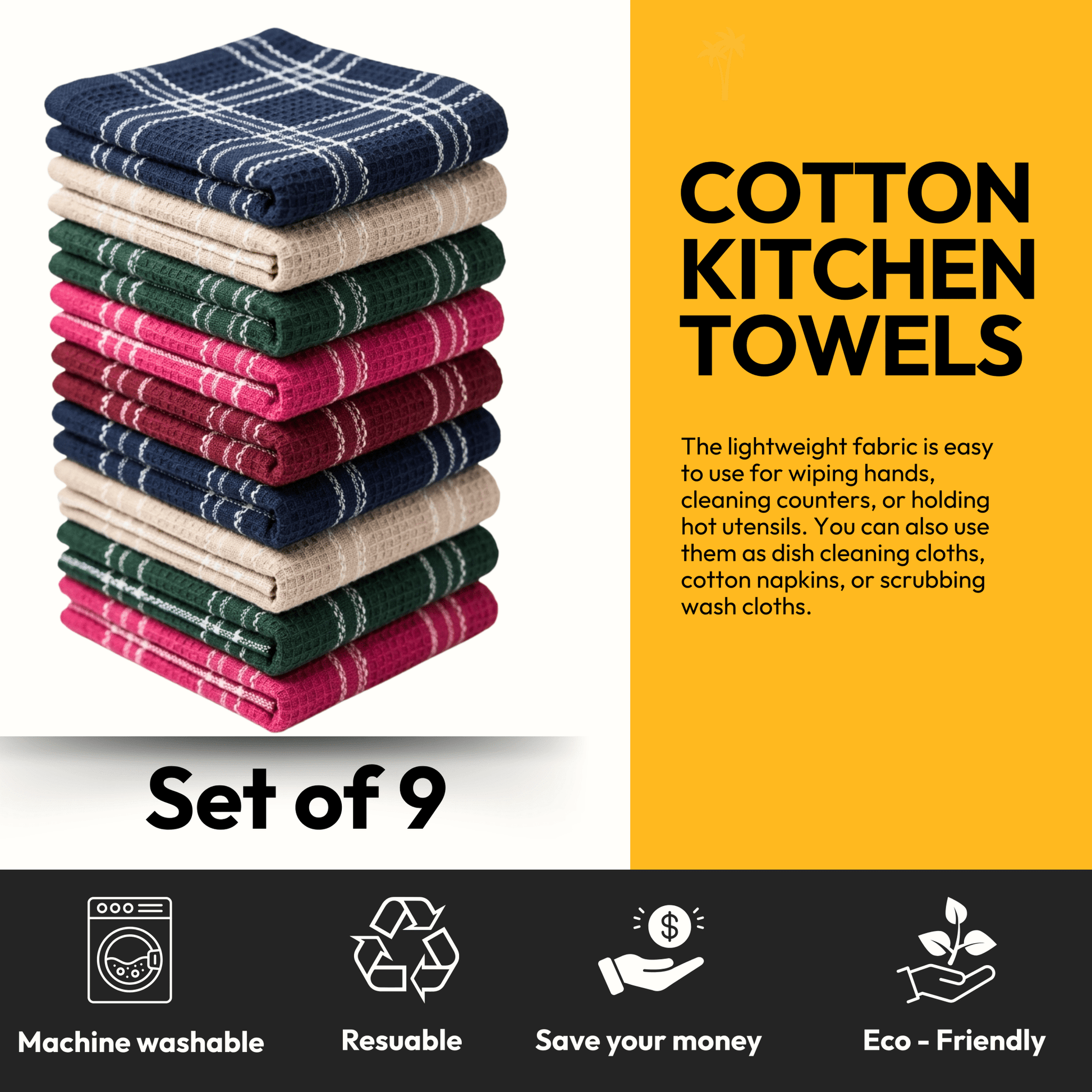 Cotton Kitchen Towels | Set of 9 | - Twin Palmyra