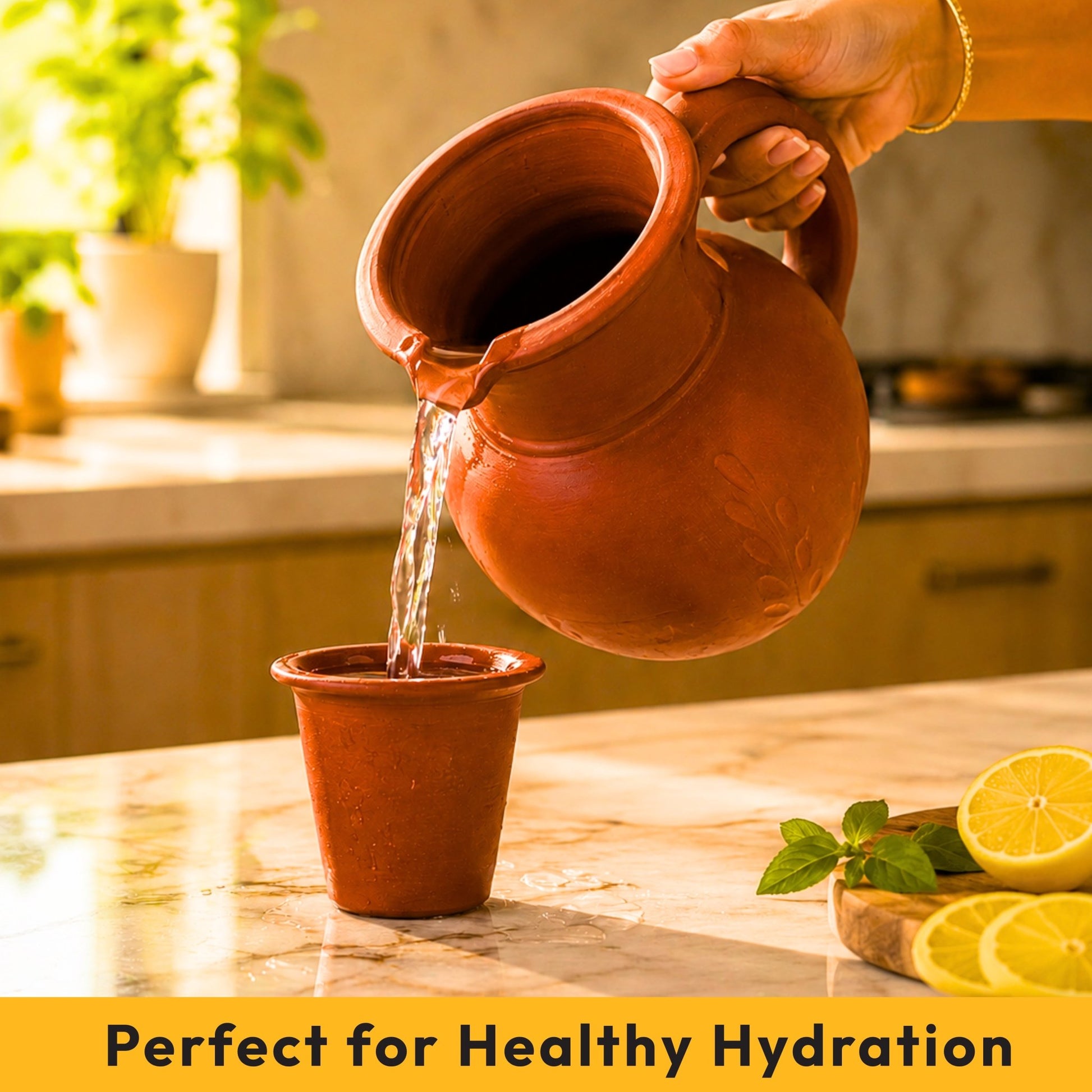 Everyday Cooler Combo – Clay Water Jug| Moor Pot |Porridge Bowl | Clay Tumblers (2 No.s) - Twin Palmyra