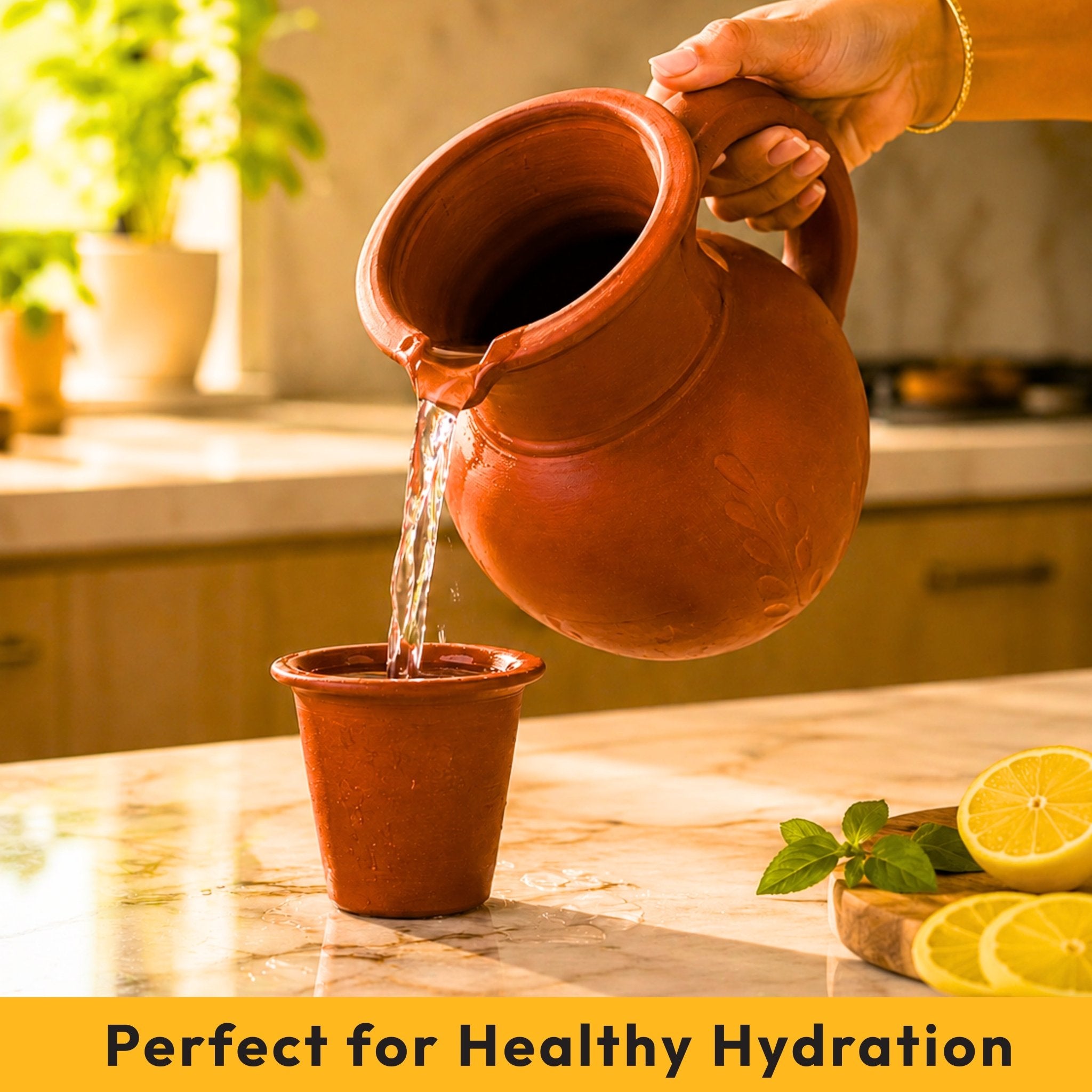 Everyday Cooler Combo – Clay Water Jug| Moor Pot |Porridge Bowl | Clay Tumblers (2 No.s) - Twin Palmyra