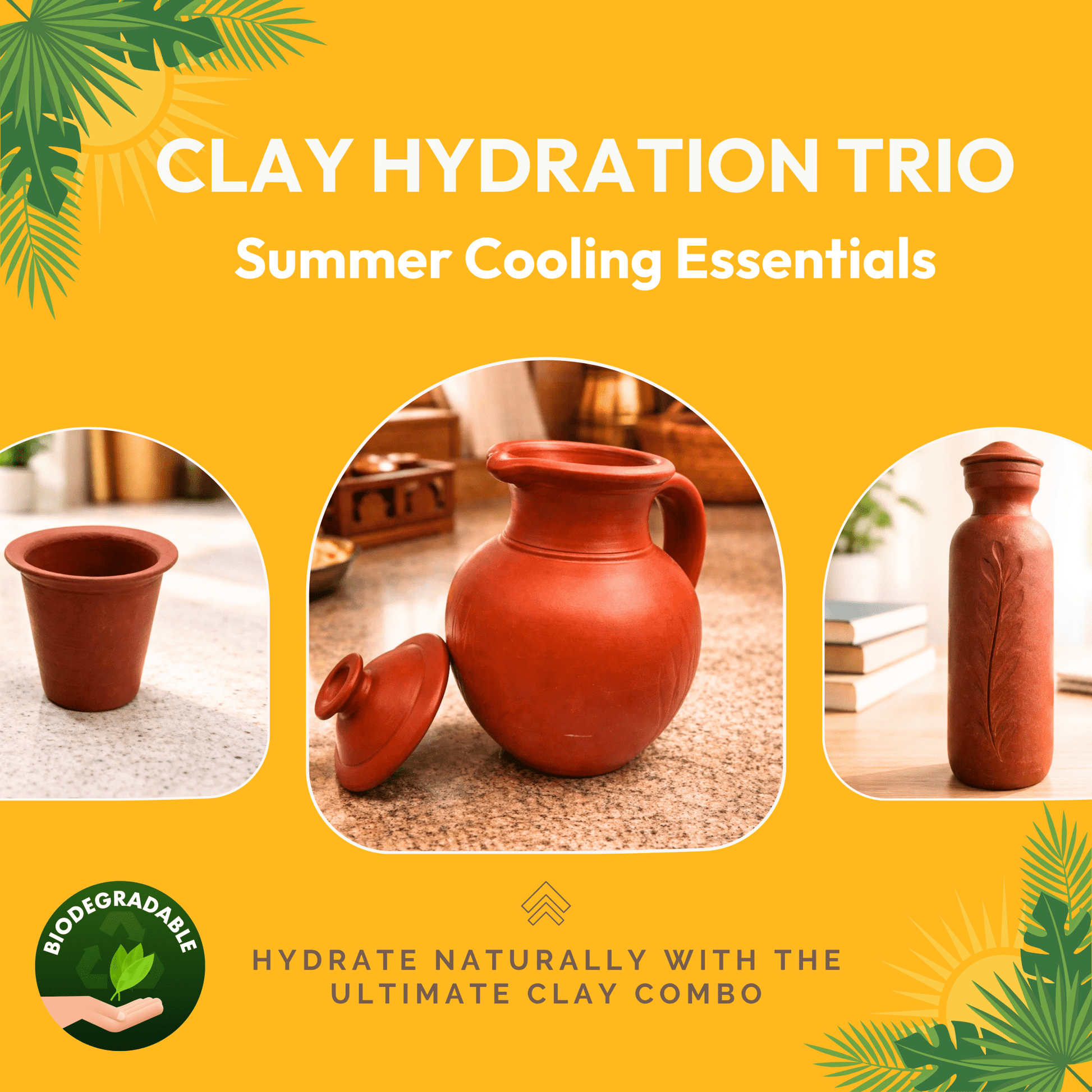 Hydration Combo – Clay Water Jug | Clay Bottle | Set of 4 Clay Tumblers - Twin Palmyra
