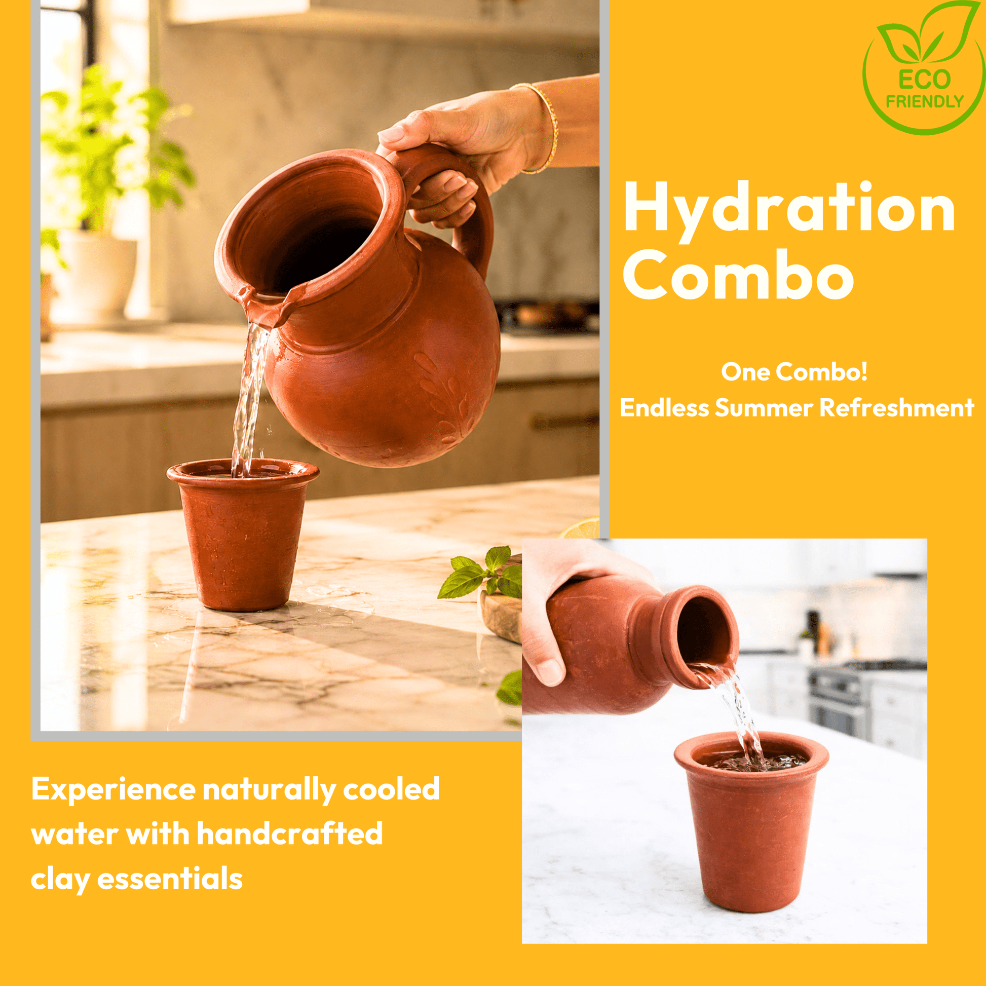 Hydration Combo – Clay Water Jug | Clay Bottle | Set of 4 Clay Tumblers - Twin Palmyra