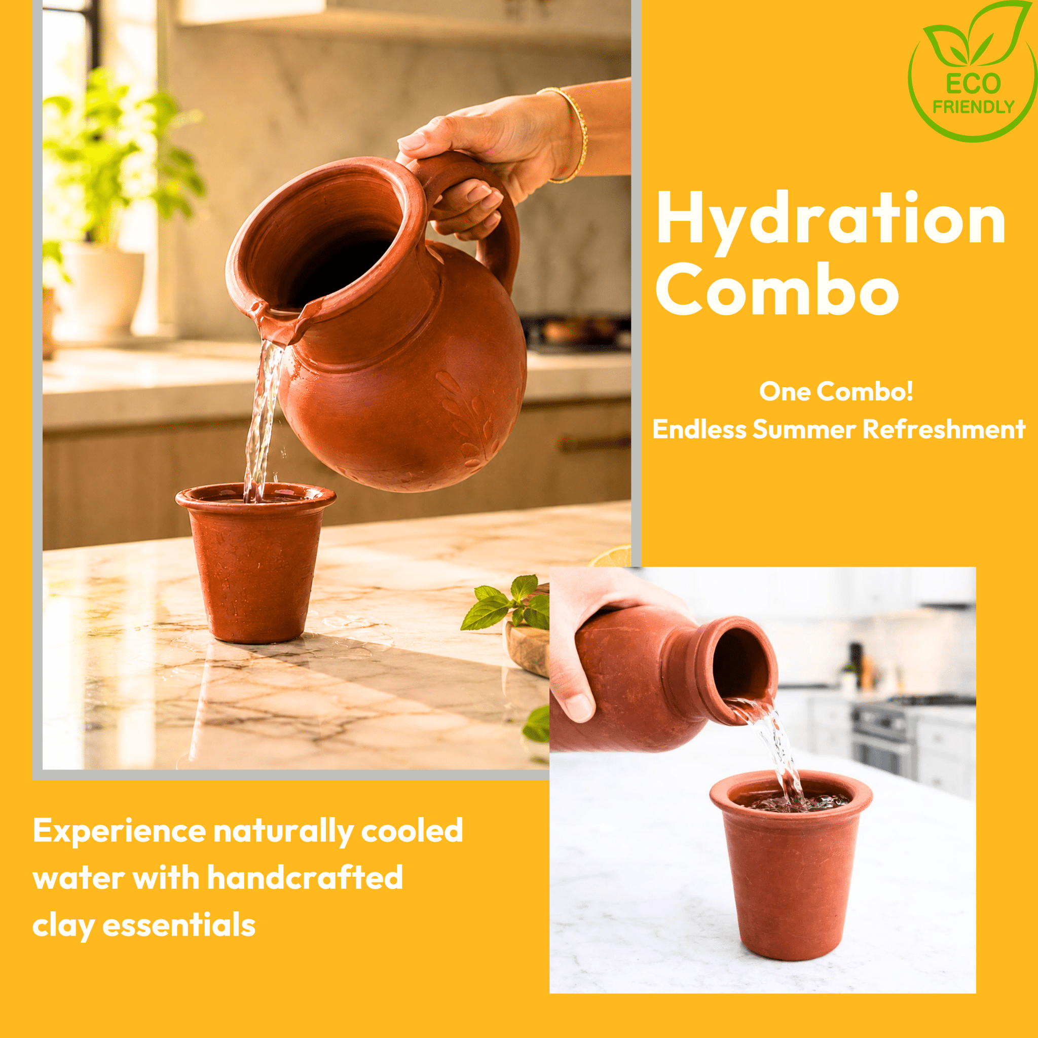 Hydration Combo – Clay Water Jug | Clay Bottle | Set of 4 Clay Tumblers - Twin Palmyra