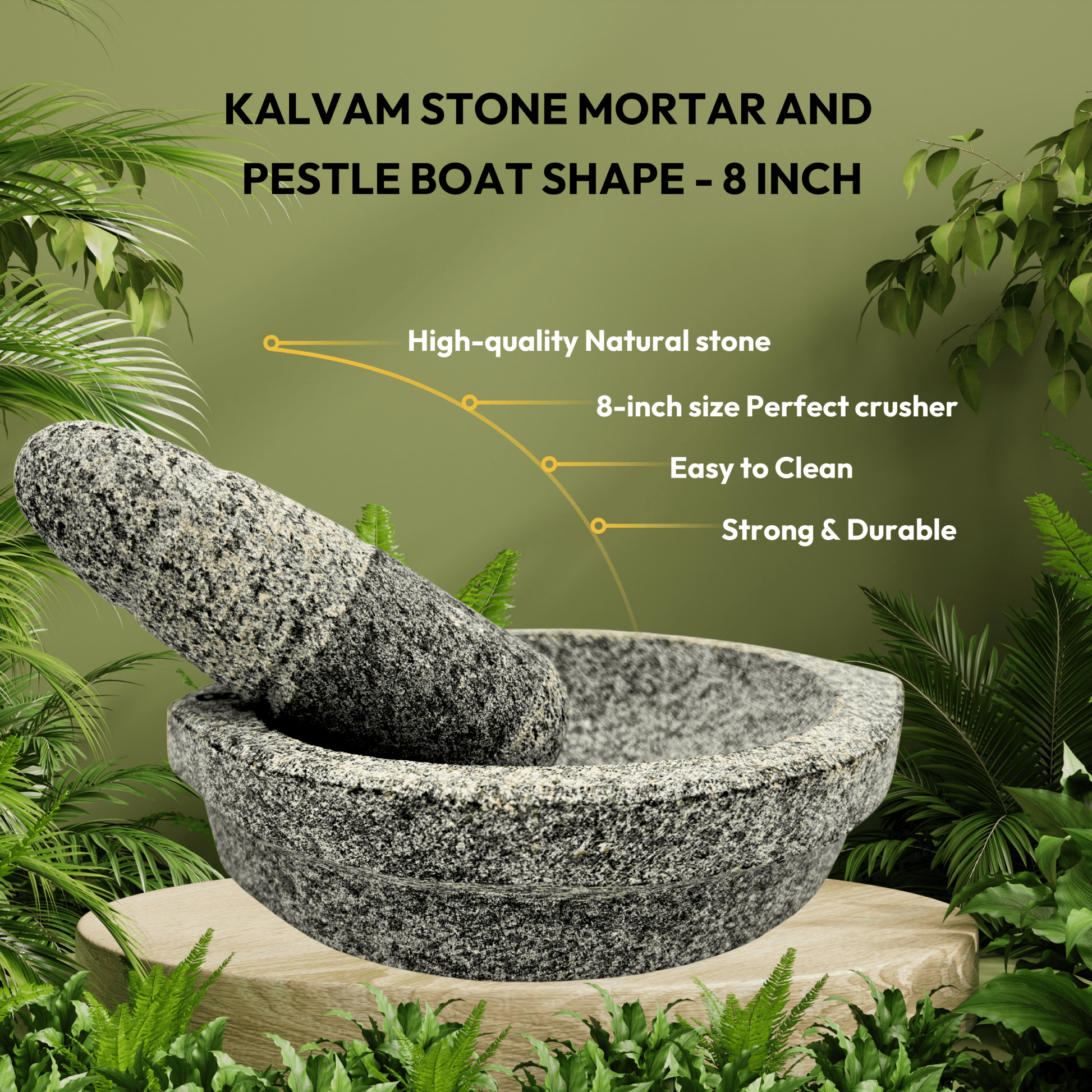 Kalvam Stone Mortar and Pestle Boat Shape - 8 Inch - Twin Palmyra