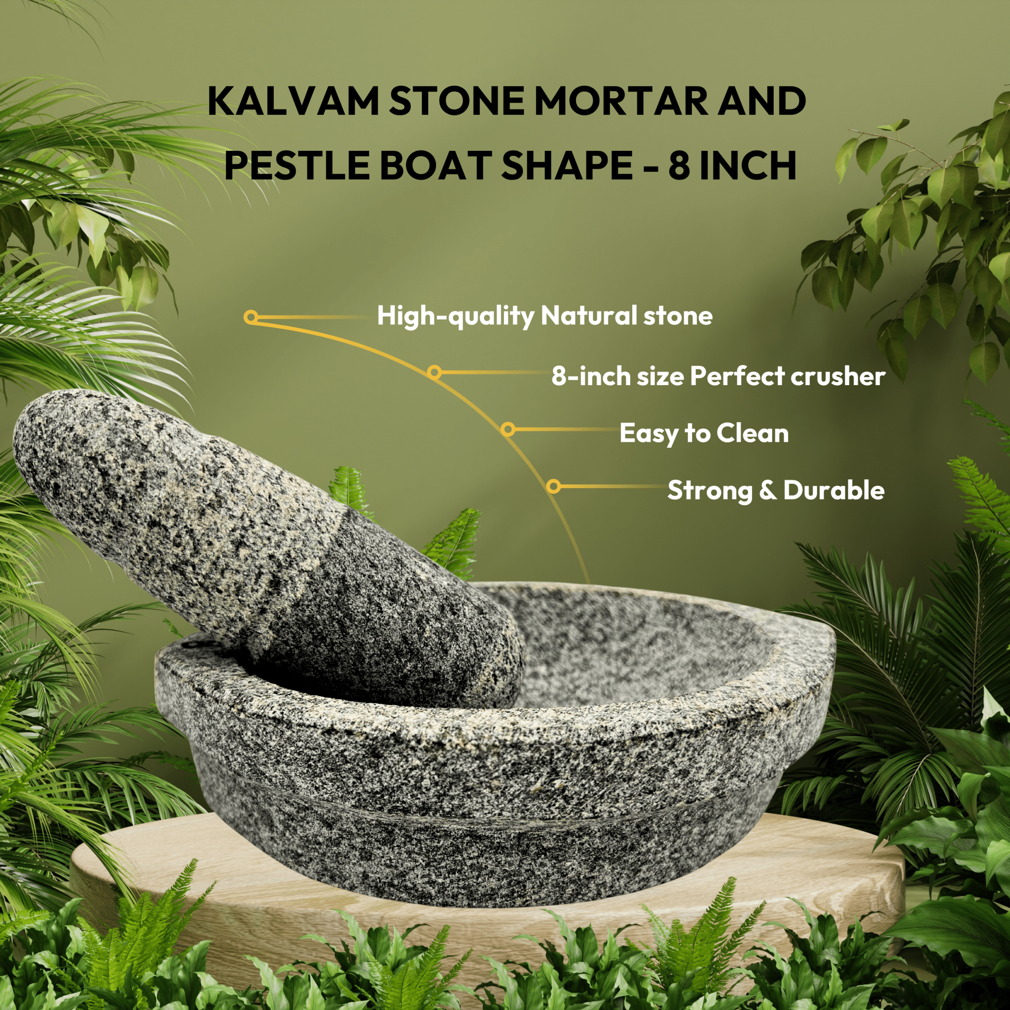 Kalvam Stone Mortar and Pestle Boat Shape - 8 Inch - Twin Palmyra