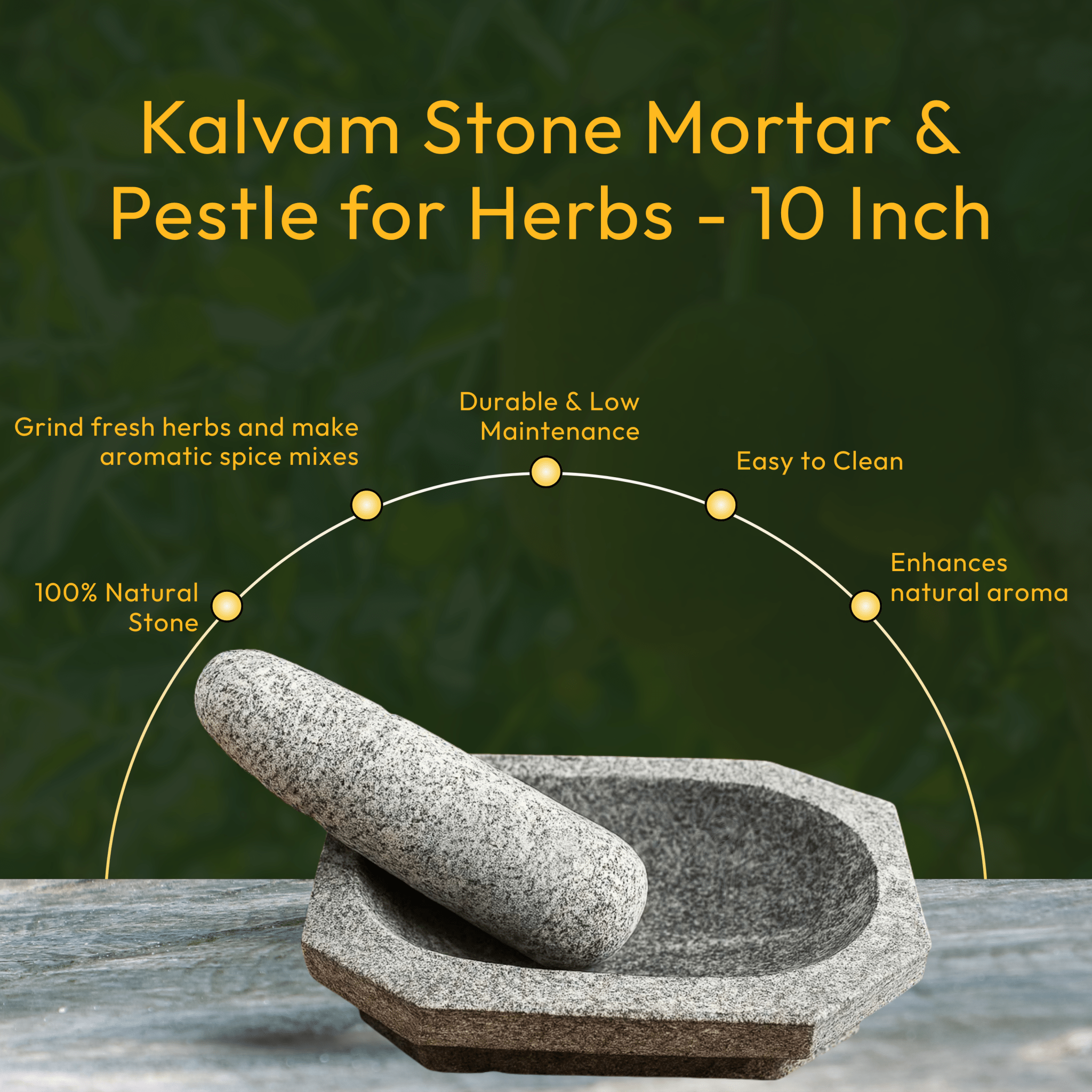Kalvam Stone Mortar and Pestle for Herbs - 10 Inch - Twin Palmyra