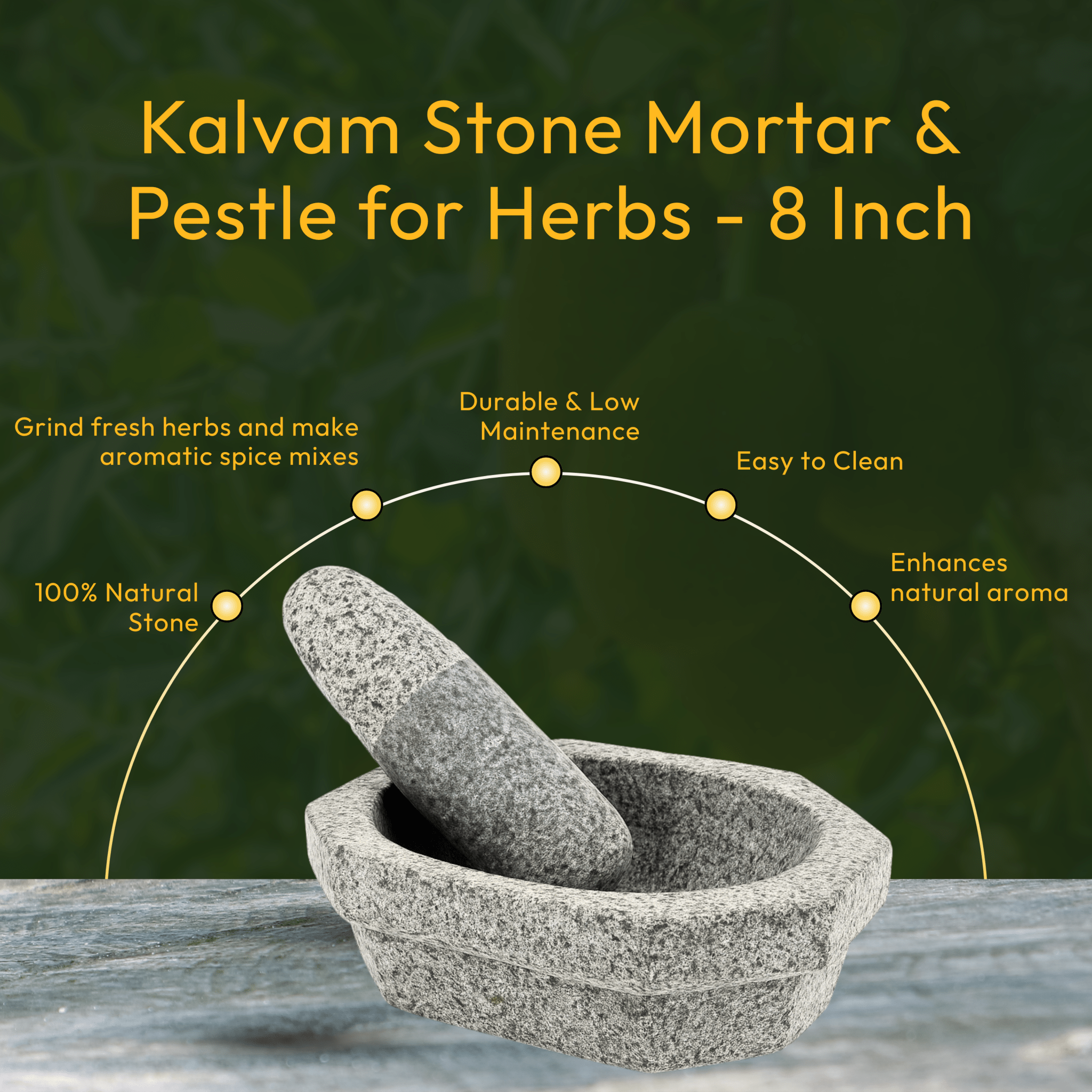 Kalvam Stone Mortar and Pestle for Herbs - 8 Inch - Twin Palmyra