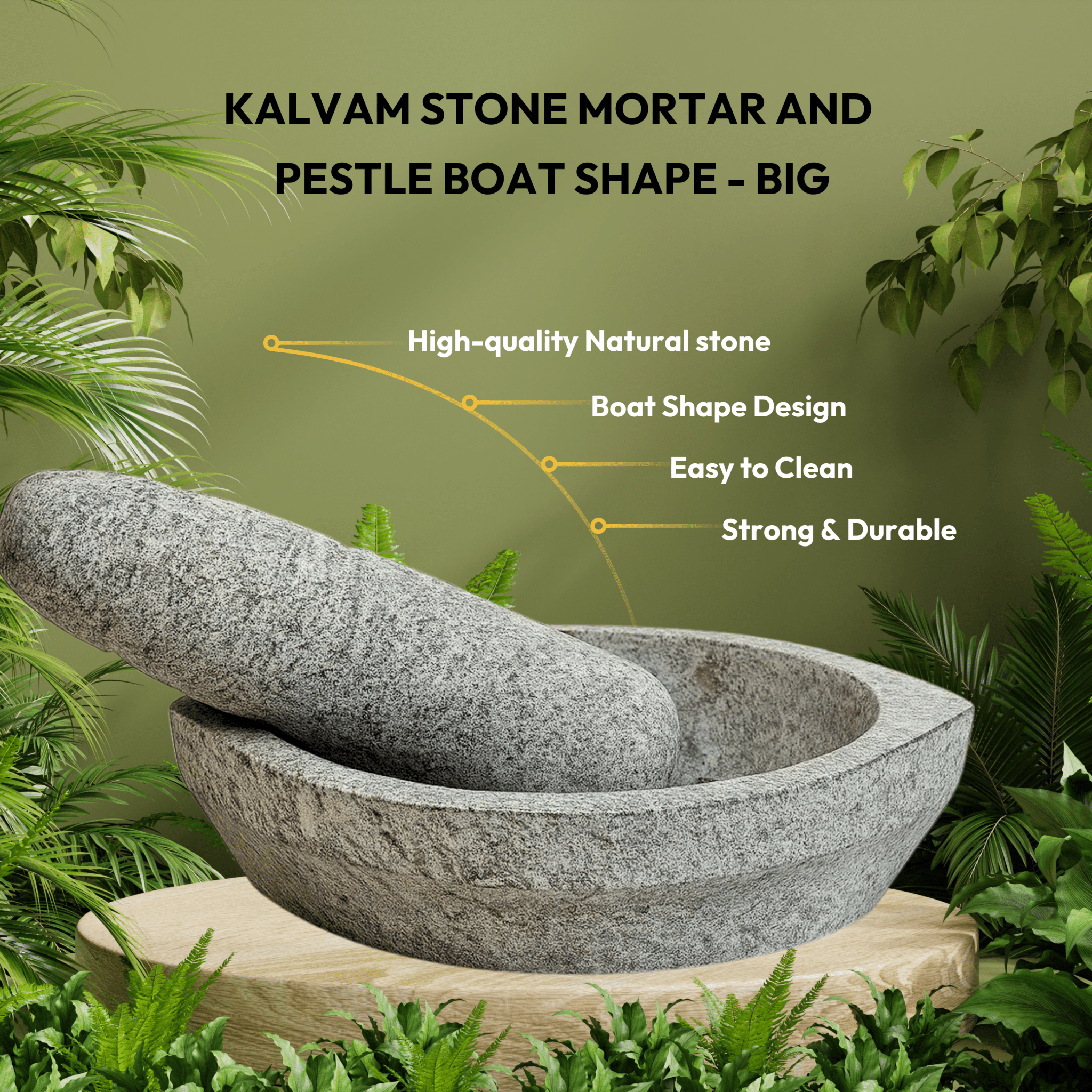 Kalvam Stone Mortar and Pestle for Herbs - Boat Shape (Big) - Twin Palmyra